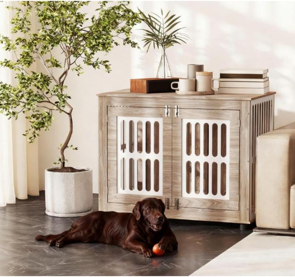 39" Dog Crate Furniture with 2 Doors, Adjustable Non-Slip Foot Mats, for All Dogs, Walnut Brown