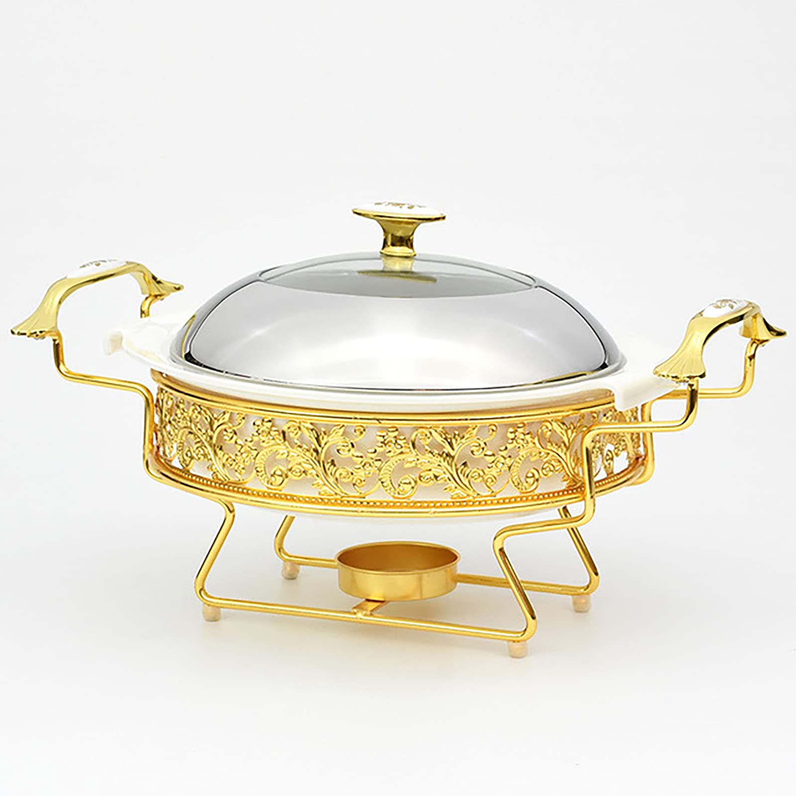 Set da Buffet con Scaldavivande Motivo Dorato, Chafer Rotondo in Acciaio Inossidabile con Coperchio per Matrimoni a Buffet Feste Banchetti Catering Eventi, Set Chafer e Scalda Buffet,32cm
