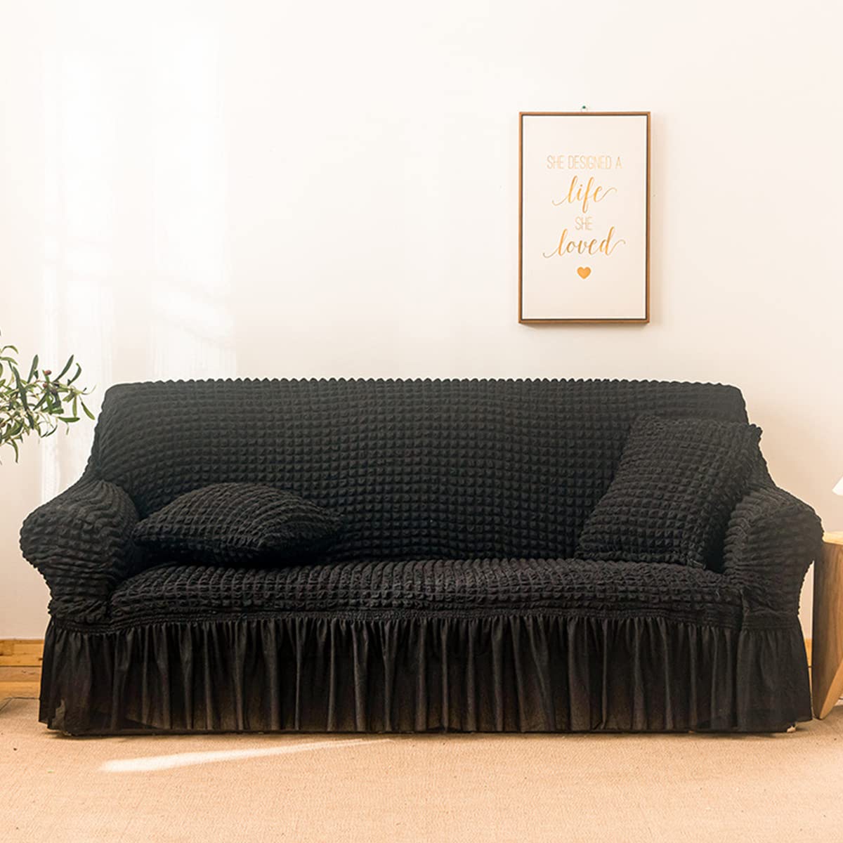 youyoucool Bubble Lattice Elegant Stretch Sofa Cover 3D Cover Couch Cover Spandex Elastic Sofa Slipcover Protector with Skirt black3 seats