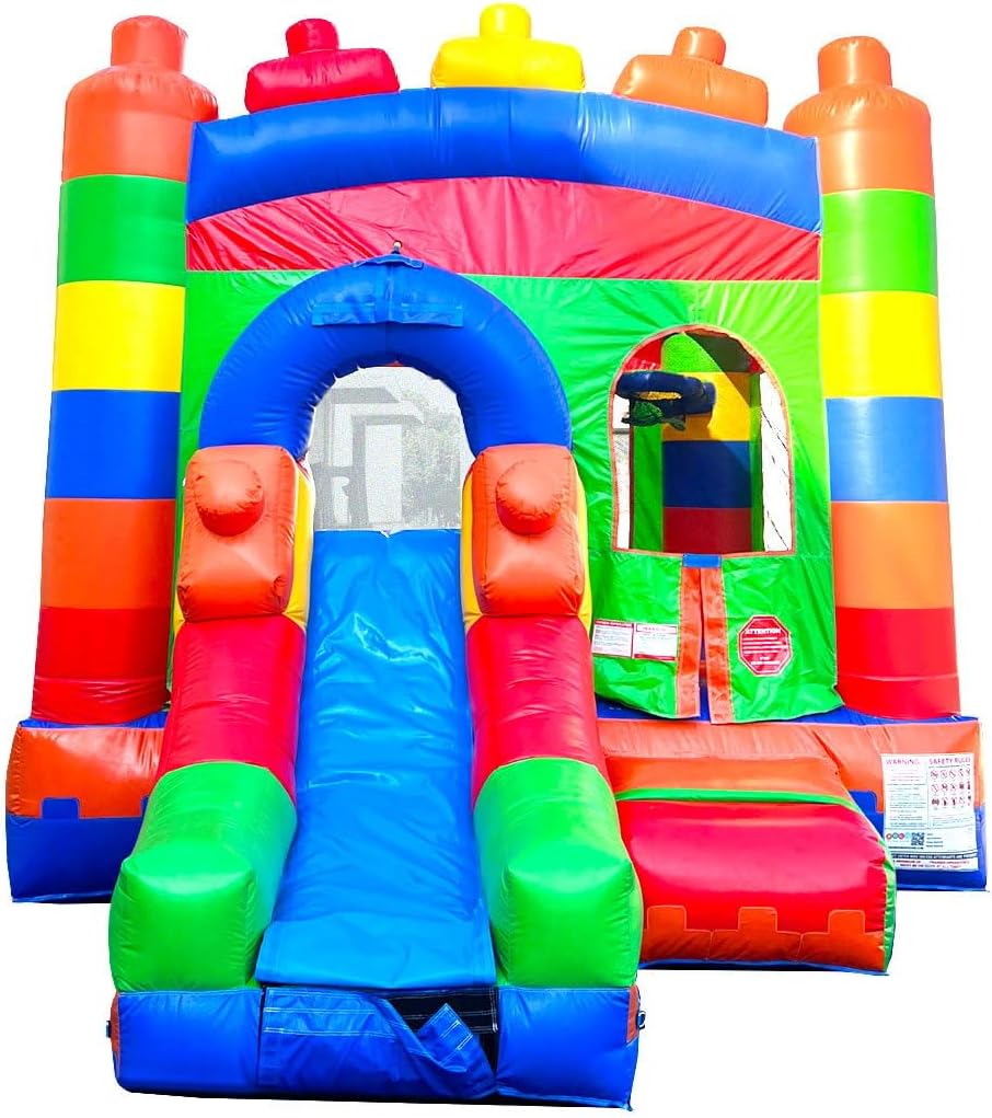 Crossover Inflatable Bounce House with Slide (Without Blower) 18 x 12 x 14.5 Foot Building Block Bounce House Combo Waterslide with Basketball Hoop, Water Misting System, Stakes and Storage Bag