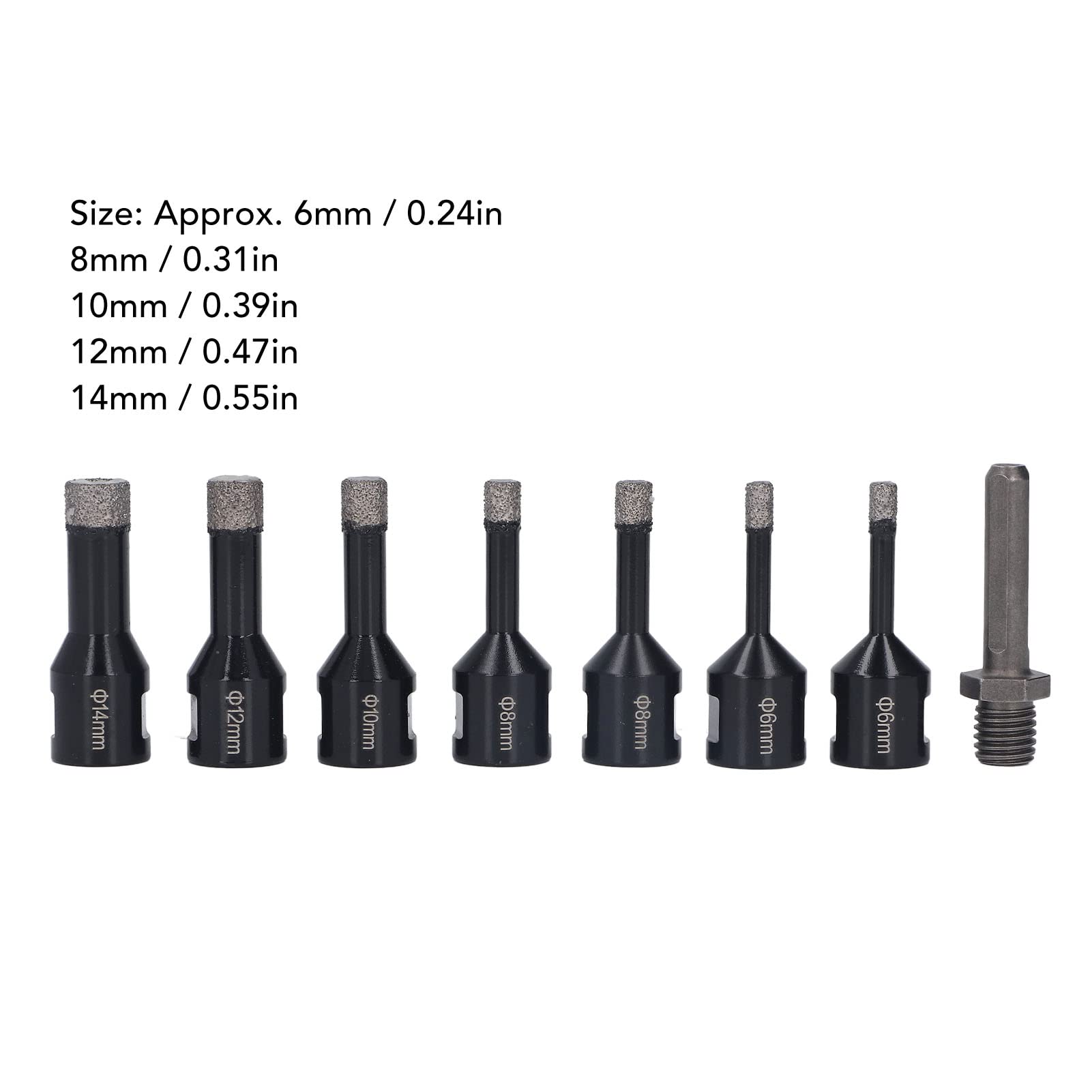 Juego de 7 Brocas de Diamante en Seco, Sierras Perforadoras de Diamante Soldadas Al Vacío de 6-14 Mm, M14 con Varilla para Baldosas de Granito, Cerámica, Mármol, Piedra, Vidrio, Negro