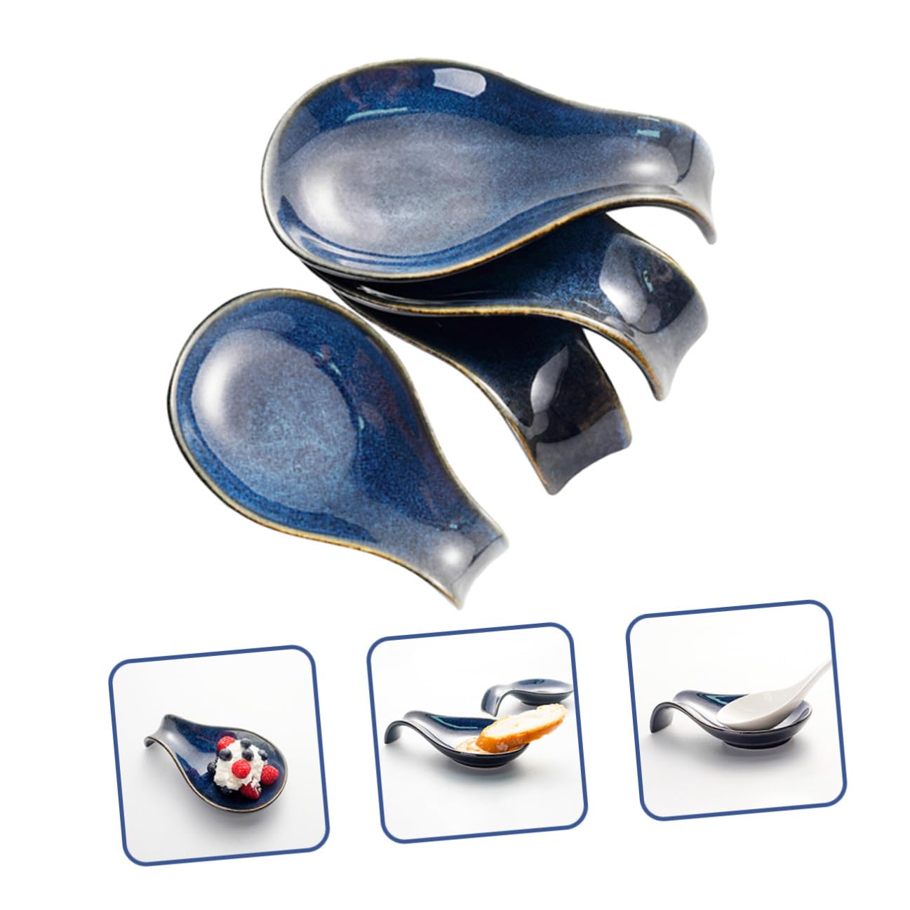 Repose-cuillères et Protection Salissures en Céramique Bleue Lot de 4 Pièces Support Compact Cuisine Décoration de Table