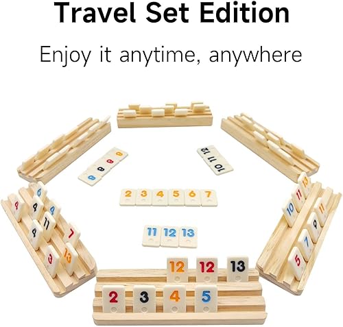 Miniatura 9 de Juego de mini cubos de viaje con 4 estantes de madera, 106 fichas de juego de cubo Rummy con estuche portátil para juegos de mesa clásicos