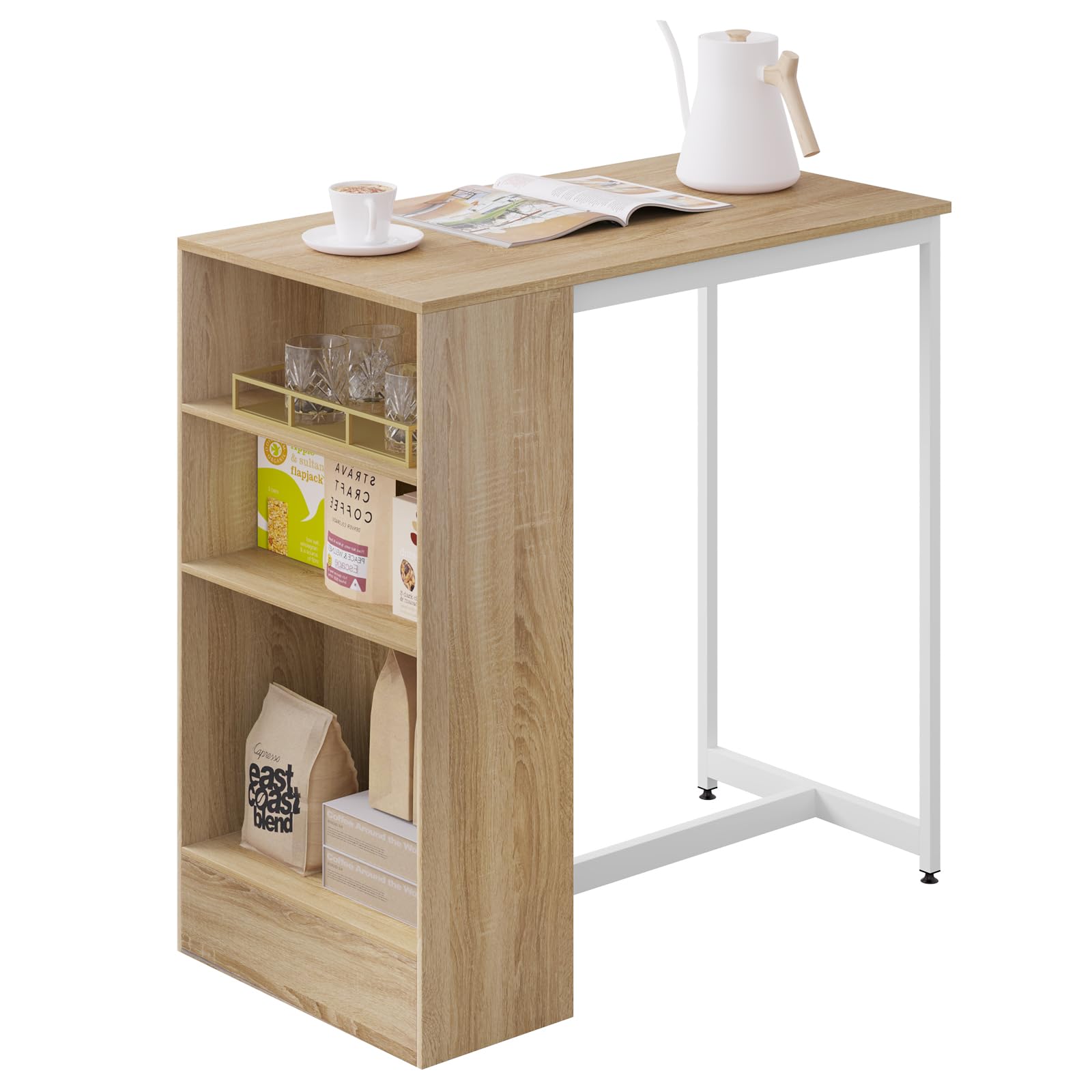 WOLTU Bartisch 90 x 50 x 90 cm, Stehtisch mit 3 Ablagen, Bistrotisch Bartheke aus Metall & Holz, Küchentheke Tresentisch für Bar Küchen Wohnzimmer, Helle Eiche+Weiß