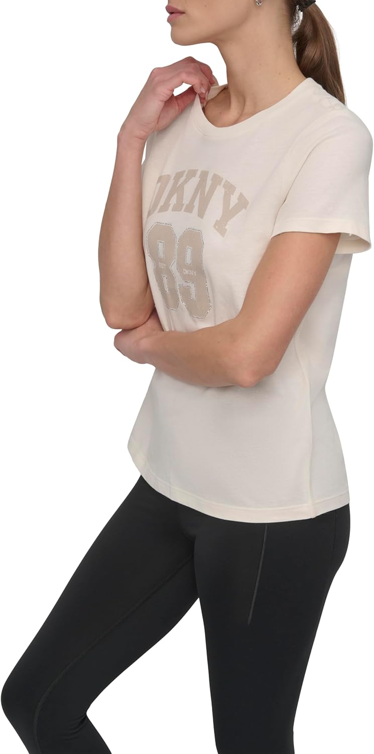DKNY Womens Rhinestone Jersey Logo Short Sleeve T-Shirt - Image 3
