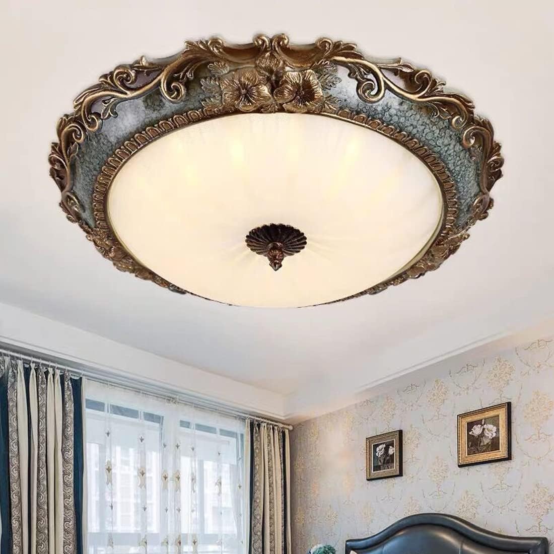 LED Lámpara de techo clásica antigua Lámpara de salón Redonda vintage Lámpara de plafón para dormitorio Cristal blanco Rústico Iluminación de techo Resina europea Decorativa para oficina Comedor 50cm