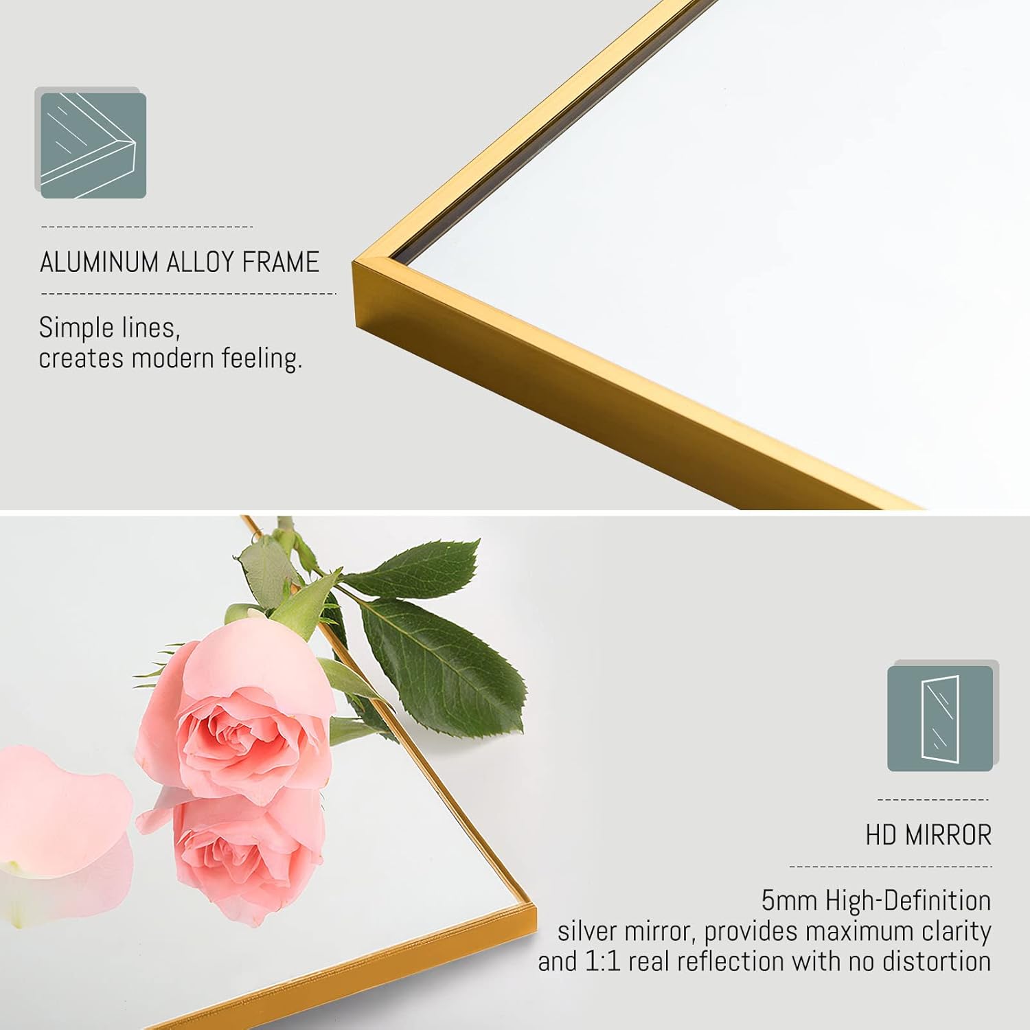 NeuType 59"x16" Full Length Mirror with Standing Holder Aluminum Alloy Frame Floor Mirror Wall-Mounted Mirror for Living Room, Bedroom, Hanging or Leaning Against Wall, Golden (with Stand)