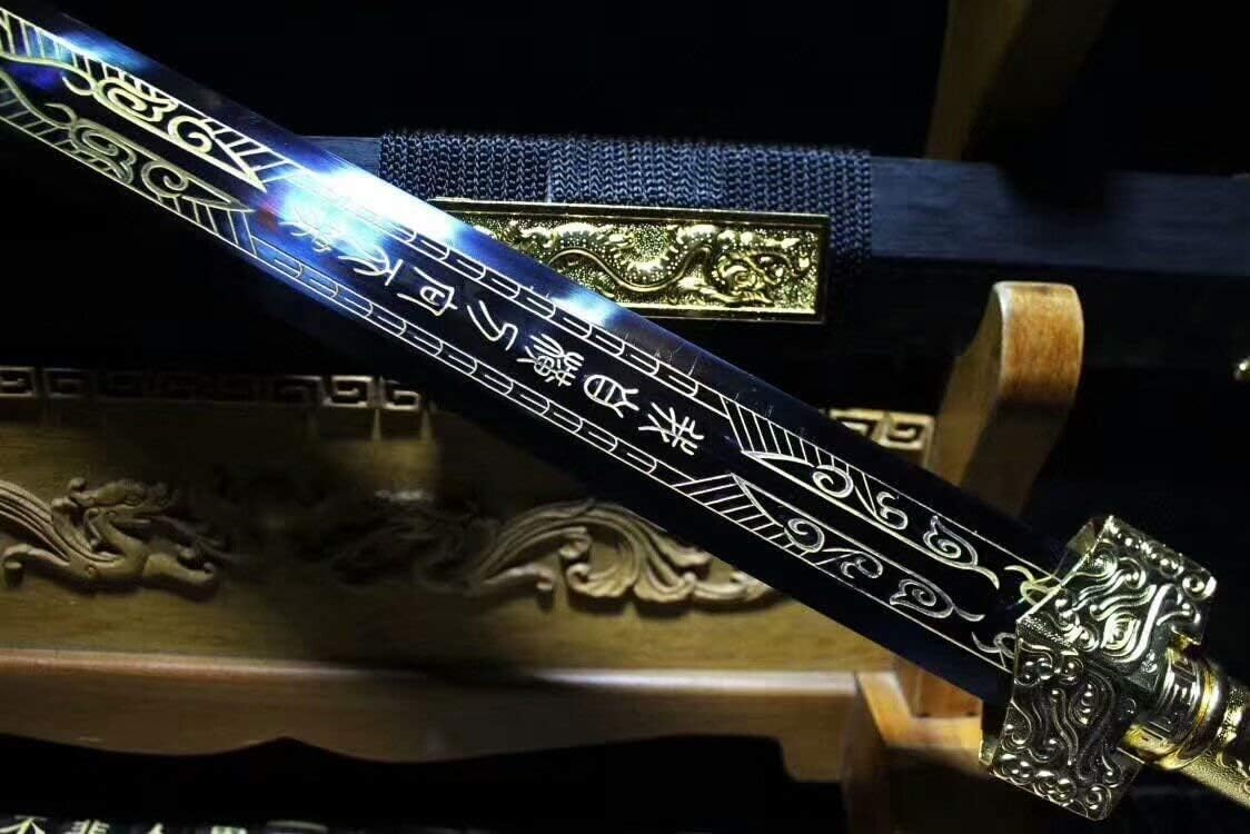 Chinese Swords Real,Han Jian,High Carbon Steel Etch Blade,Black Wood Scabbard,Alloy Handle