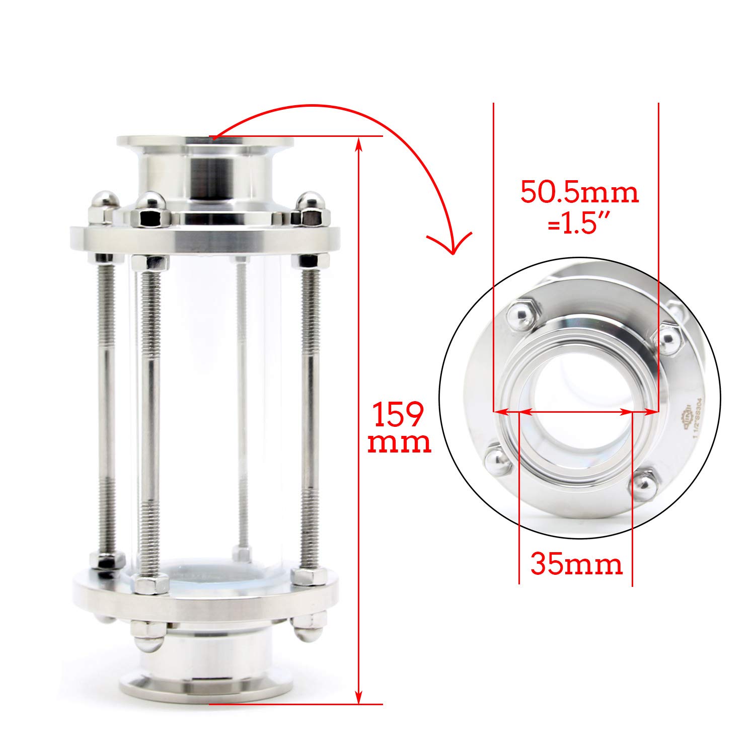 QiiMii 1.5" in-Line Sight Glass with Clamp End, Flow Sanitary Straight Sight Glass Tri-clamp, SS304,with 2 pcs 1.5" Tri-clamp and Silicone Gasket(Flow Pipe: 38MM)