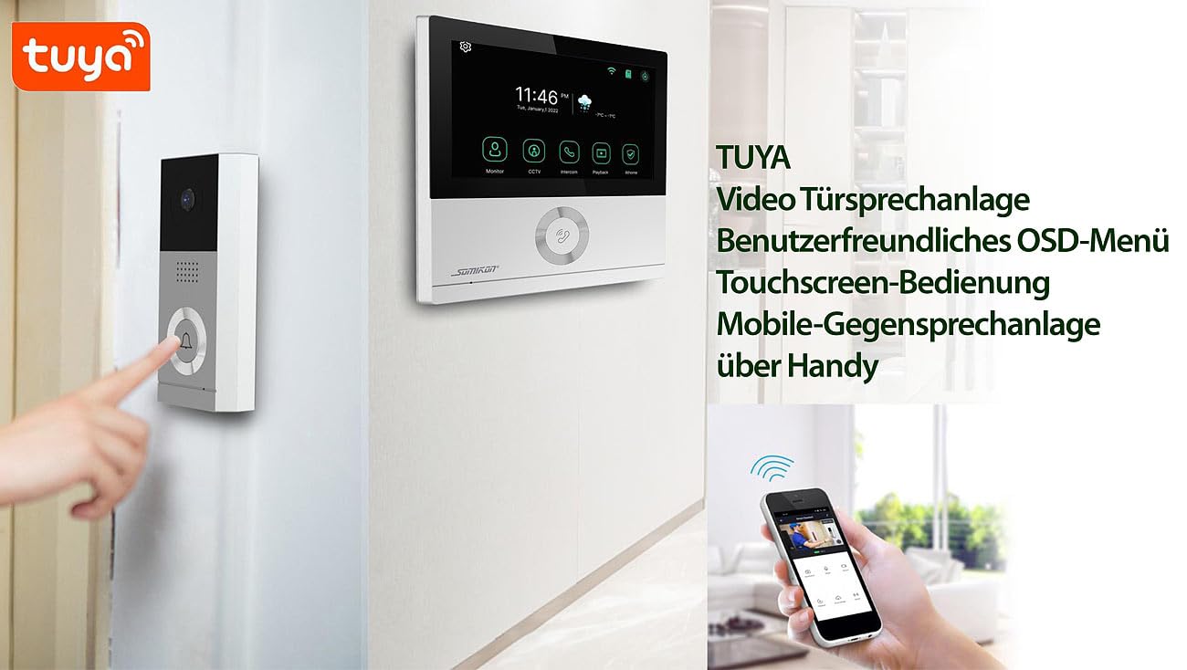 Somikon Türsprechanlage: WLAN-Full-HD-Video-Gegensprechanlage mit 17,8-cm-Touchscreen (7"), App (Gegensprechanlage mit Kamera, Video Türsprechanlage WLAN, Funk)
