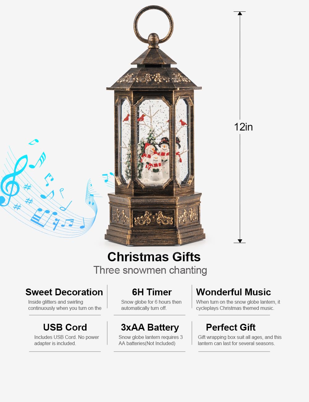 Christmas Snow Globe Swirling Glittering Snowman Choir & Cardinal with Music & Timer, USB Lined/Battery Operated Lighted Water Lantern for Christmas Festival Decoration Gifts