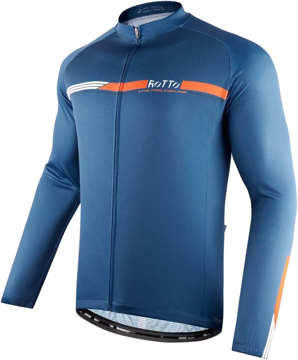 ROTTO Mens Long Sleeve Cycling Jersey Bike Shirt with Rear Pockets
