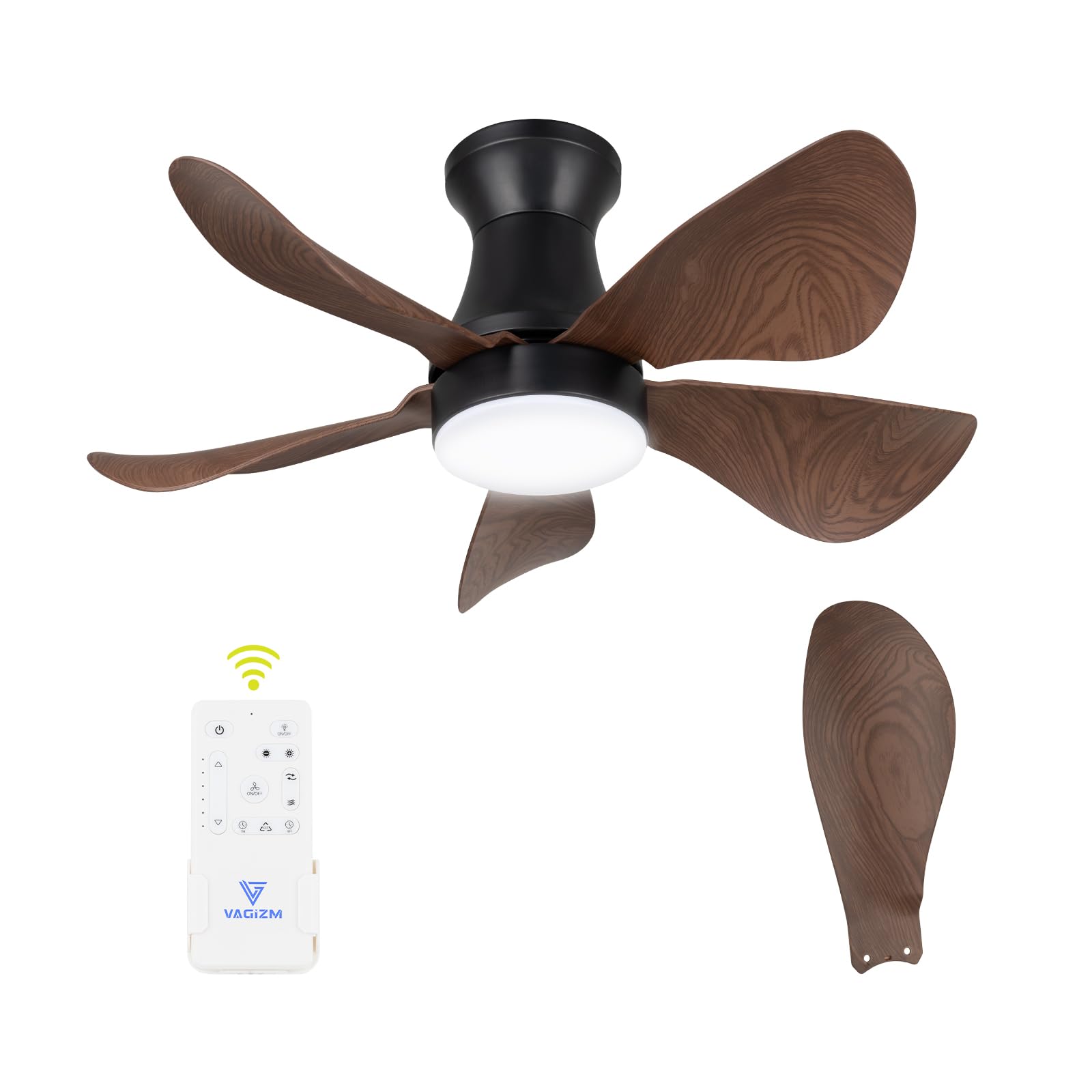 Vagizm Deckenventilator mit Beleuchtung für Schlafzimmer:76cm leiser Deckenventilator mit Fernbedienung für Wohnzimmer - Umkehrbarer DC- Motor – Walnussholz 5 Flügel - Timer Funktion VV