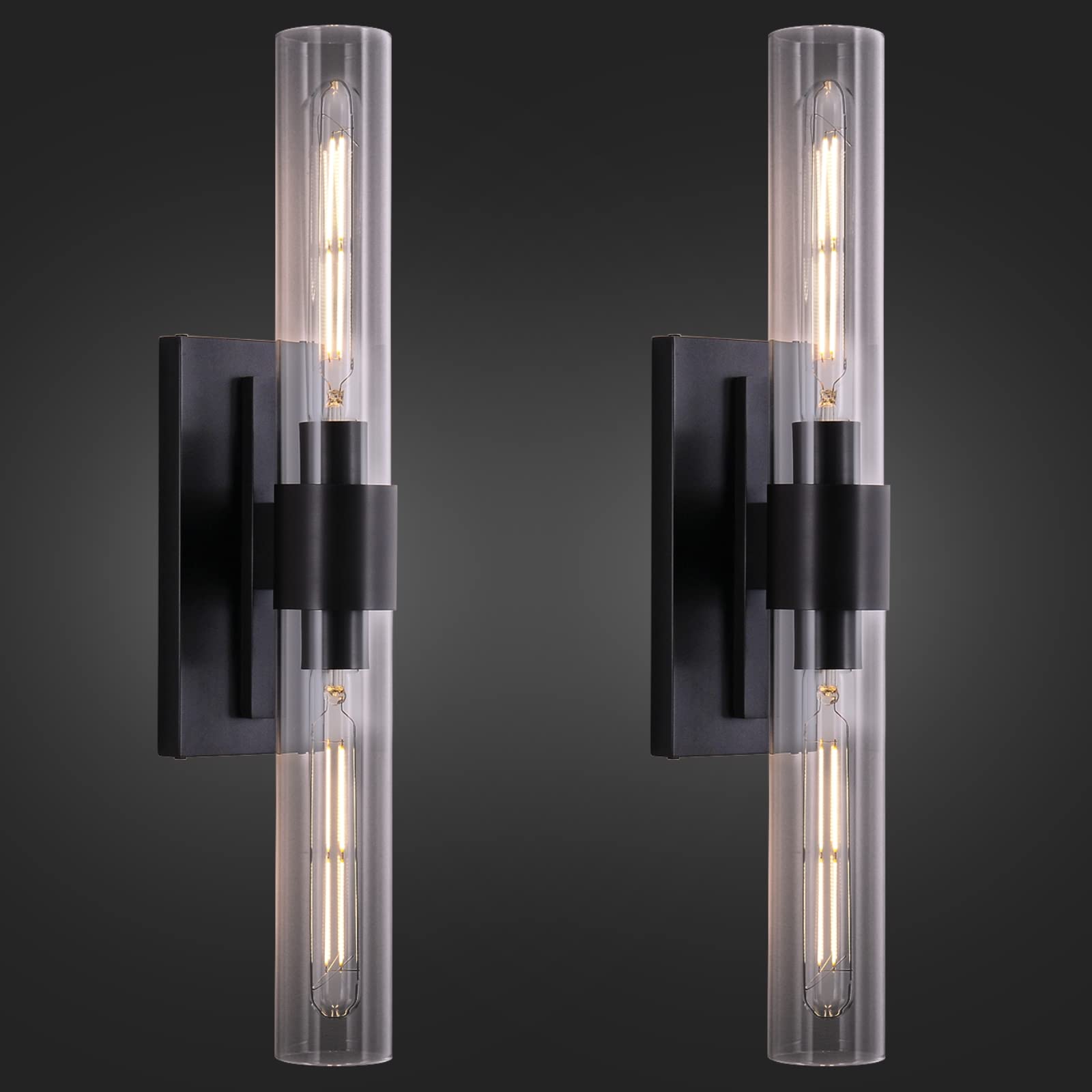 Black Wall Sconces Set of Two, 22.8" Copper Sconces Wall Lighting Dimmable 2-Light Up Down Vanity Light Fixture With Tube Glass Wall Lights For Living Room, Wall Lamps For Bedrooms, Hallway, Fireplace