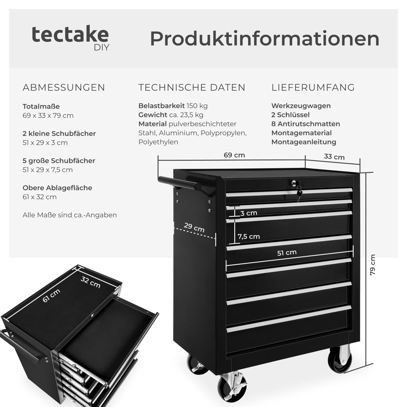 tectake Werkzeugwagen, Werkstattwagen, rollende Werkstatt, Werkzeugwagen leer, Werkzeugbox, 7 Schubfächer, 69 x 33 x 79 cm, Rollen mit Bremsen, inkl. 2 Schlüssel - schwarz