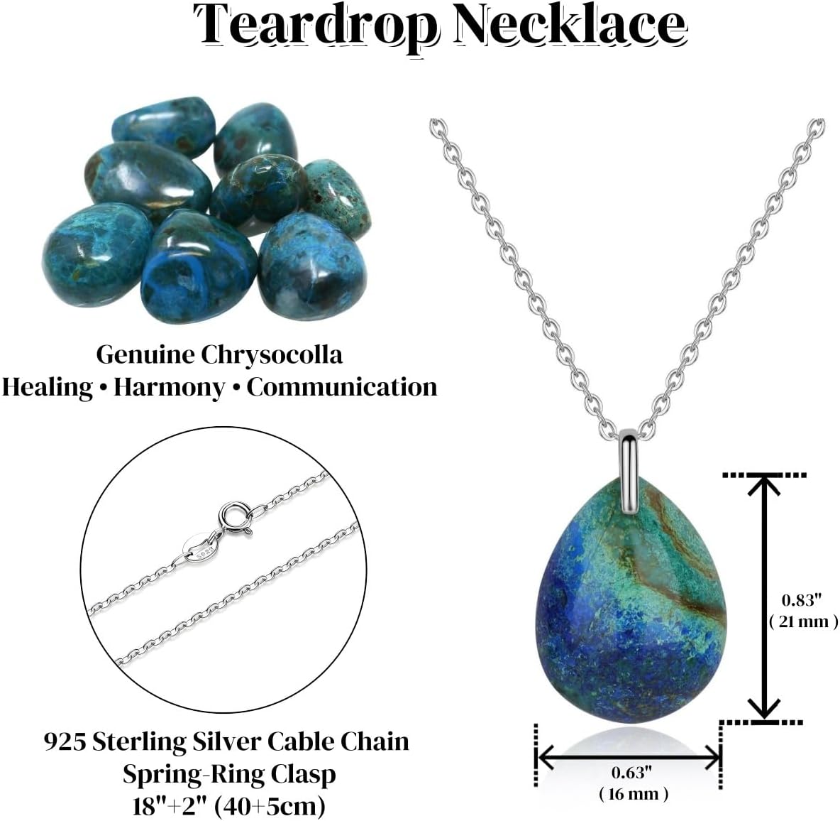 COAI Women's 925 Sterling Silver Necklace, Chrysocolla Crystal Necklace for Women, Teadrop/Heart Pendant - Image 3