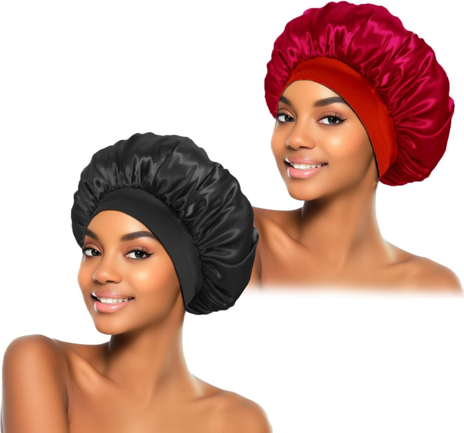 2Pcs Silk Bonnet for Sleeping, Satin Hair Bonnets, Soft Elastic Band Silk Sleep Cap, Hair Wrap for Women(Black Burgundy)