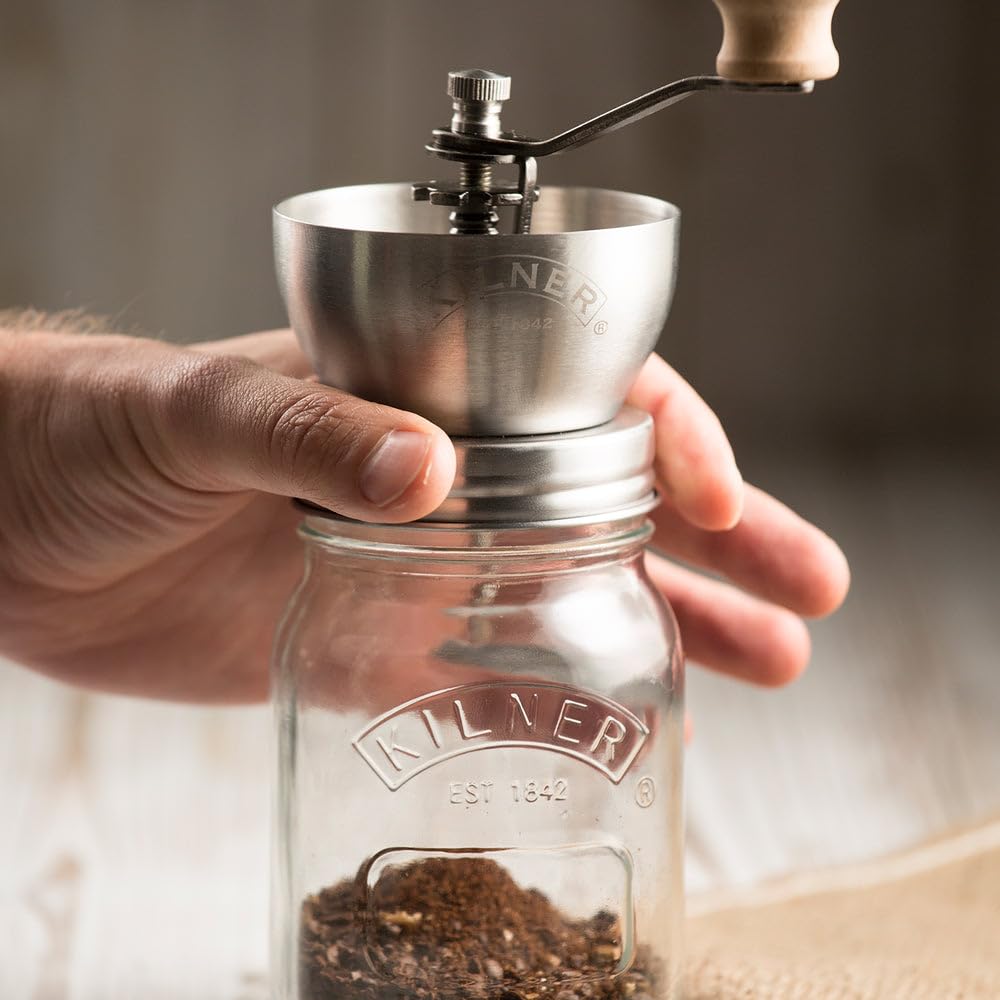 KILNER Kaffeemühle mit Vorratsglas 0,5 L, Edelstahlmahlwerk, verstellbar | Verstellbarer Drehmechanismus, luftdichter Schraubverschluss, spülmaschinengeeignet, robust, 545 g, hochwertiger Edelstahl