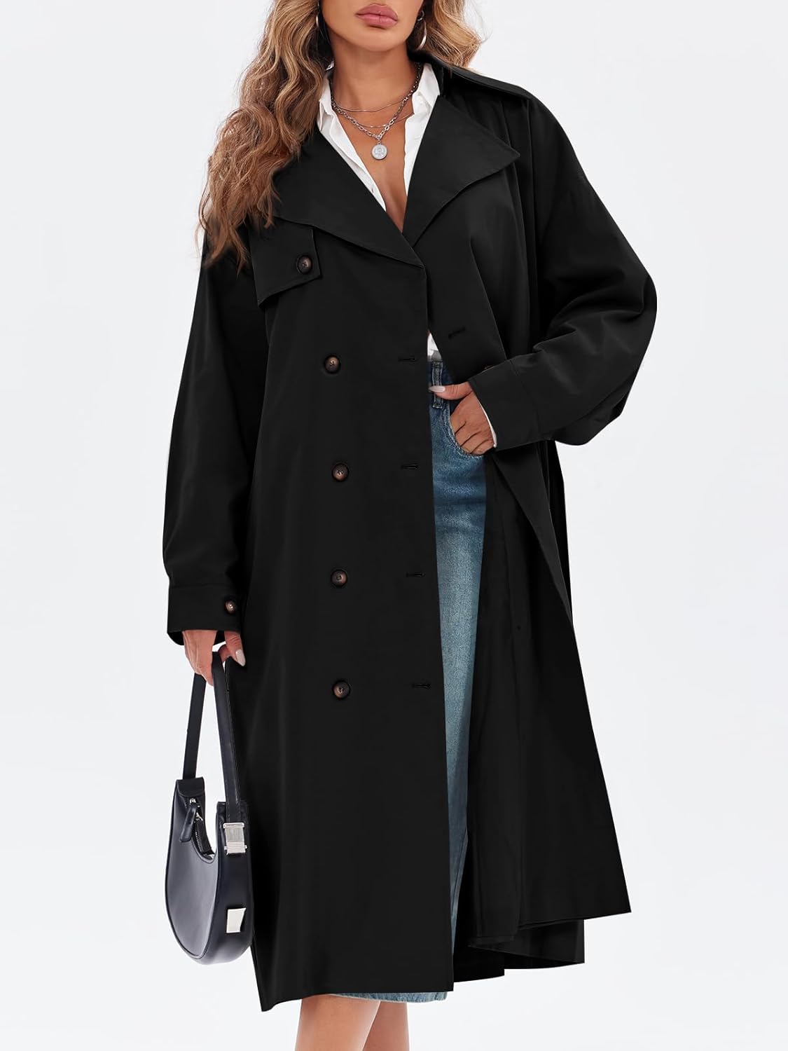 Tankaneo Womens Double Breasted Long Trench Coat Oversized Classic Lapel Belted Overcoat - Image 2