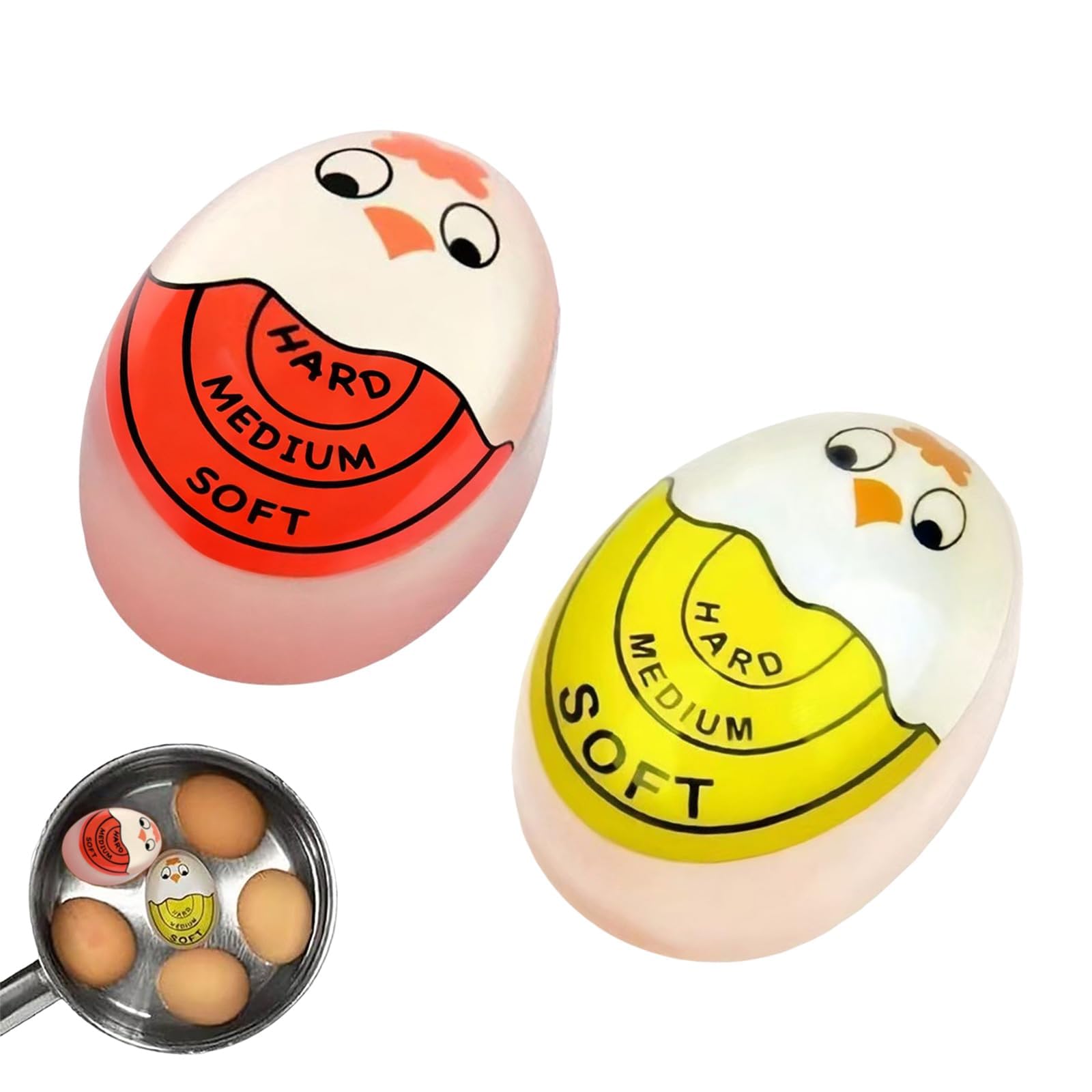 Yelschwa Red, Yellow 2-Pack Cute Egg Timer – Color Changing Egg Timers For Boiling Eggs To Soft, Medium & Hard Perfection – Heat-Sensitive Kitchen Gadgets With Yolk Doneness Indicator, Egg Timer For Hard Boiled Eggs