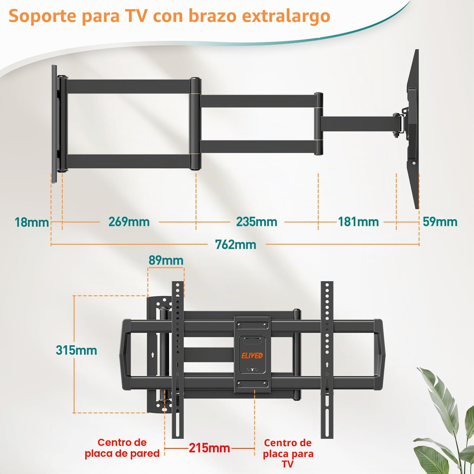 ELIVED Soporte de pared de brazo largo de 762 mm para la mayoría de televisores de 42 a 75 pulgadas, soporte de esquina de extensión larga, soporte de pared giratorio e inclinable, soporta hasta 45 kg