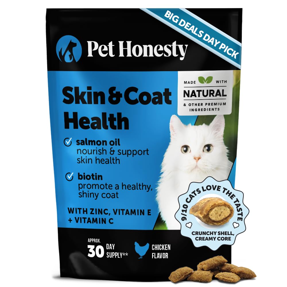 Cat Skin & Coat Health Crunchy & Creamy Chews - Omegas, Vitamin C + E, Biotin Supplement, Soothes Skin and Promotes Shiny Coat, Cat Supplements & Vitamins - Chicken (30-Day Supply)