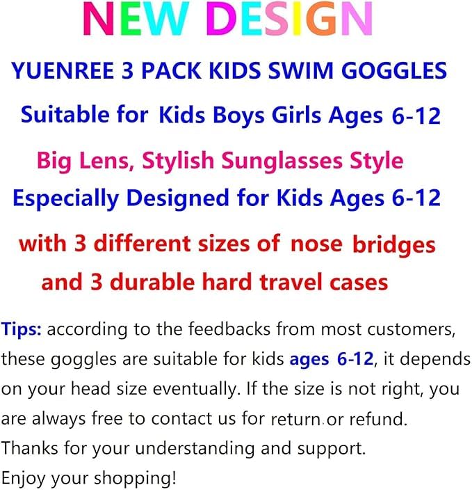 YUENREE Unisex-Child Swim Goggles - 3 Pack Kids Swimming Goggles for Children Boys Girls Ages 6-12 - No Leak, Anti-Fog, UV Protection, Easy to Adjust and Non Slip - with 3 Hard Travel Cases