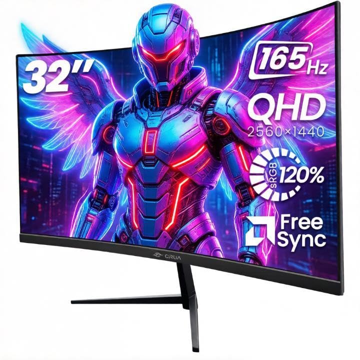CRUA 32' Curved Gaming-Monitor, 2K QHD 2560x1440P, 144Hz/165Hz, 120% sRGB, FreeSync, Blaulichtfilter, 1500R VA-Bildschirm, Wandmontage möglich – Schwarz