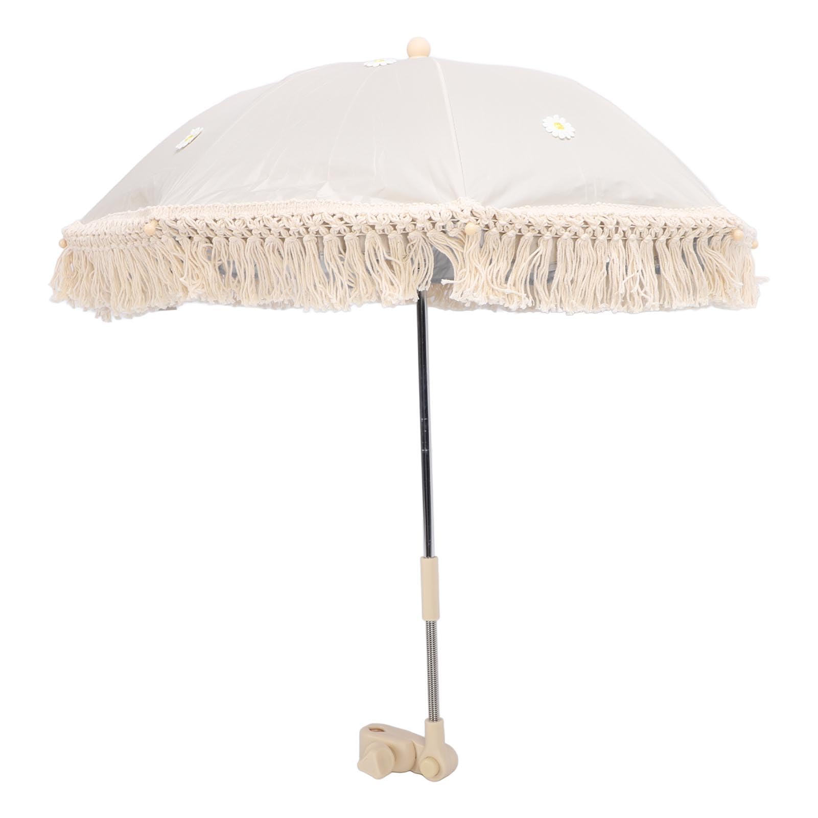 Ombrellone parasole per bambini, resistente ai raggi UV, per bambini, spiaggia, con nappe per passeggino, passeggino, tribune (beige con piccolo crisantemo)