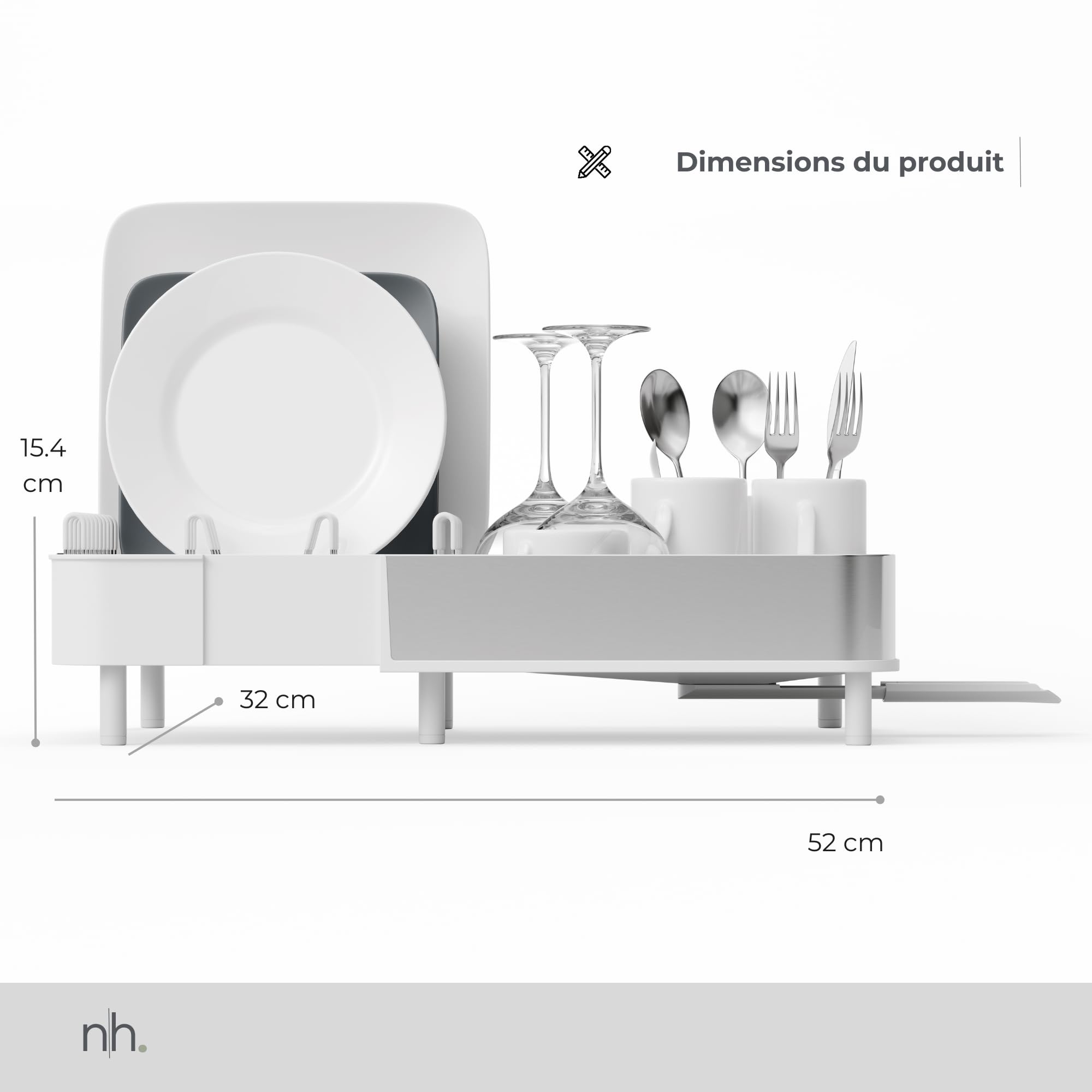 Égouttoir à Vaisselle Extensible INOX pour Évier, Blanc | Égouttoir vaisselle inox extensible 40,7-52 cm, bec d'évacuation pivotant, grande capacité, porte-couverts amovible
