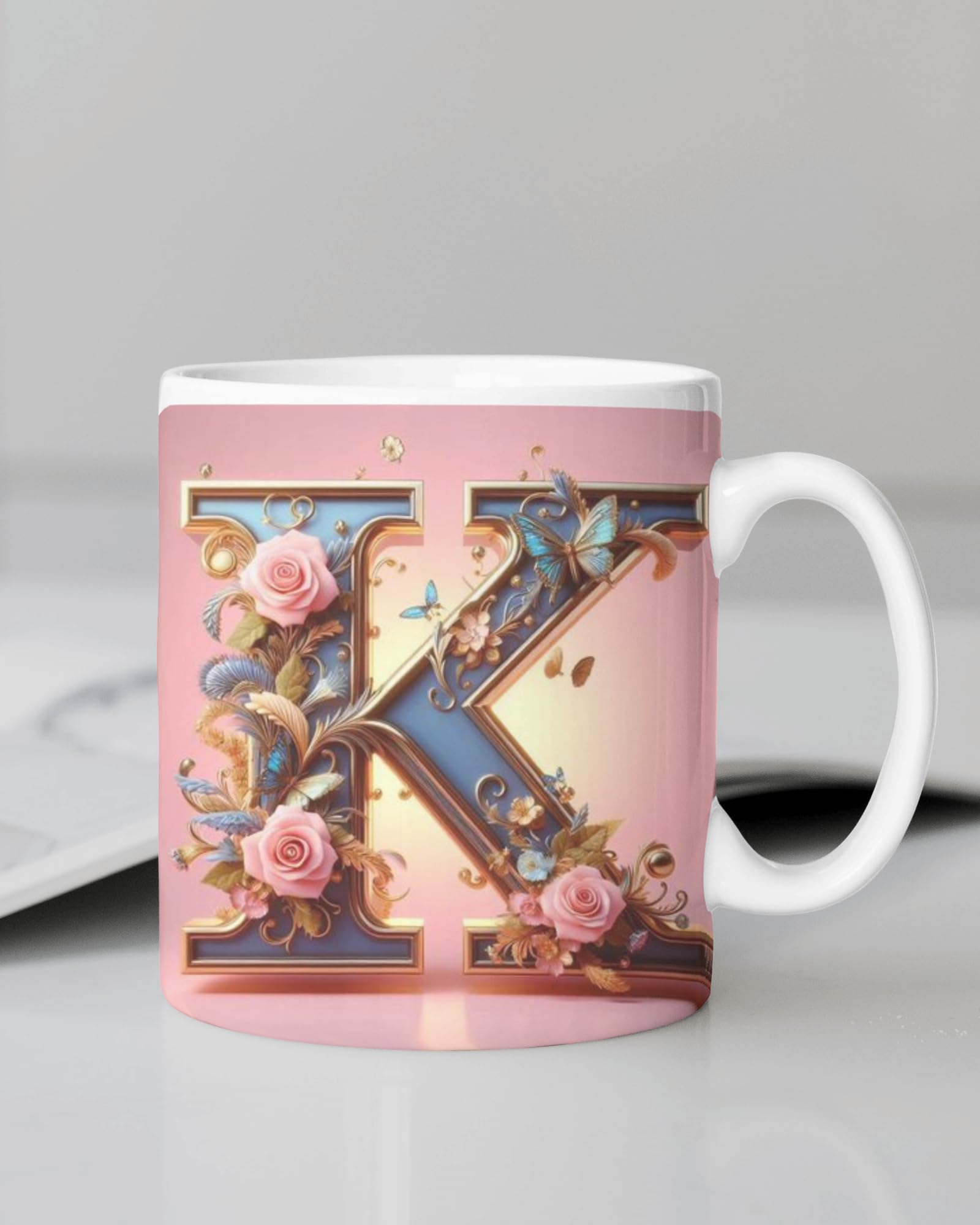 Aastha Imagine Media Media Letter's Name Initial Alphabet Inspiration Printed Ceramic Printed Coffee Mug, Birthday | Anniversary | Best Gift | Hubby | A+ Qulatity | White Mug-89 (Floral K)