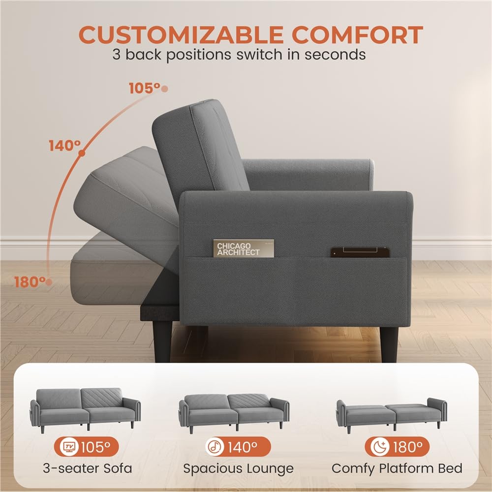 Yaheetech Sofa Cama 2 Plazas Plegable Tapizada de Tela Sofá Cama Plegable Salon Respaldo Ajustable 176X 98 cm Capacidad MAX Carga de 350 KG
