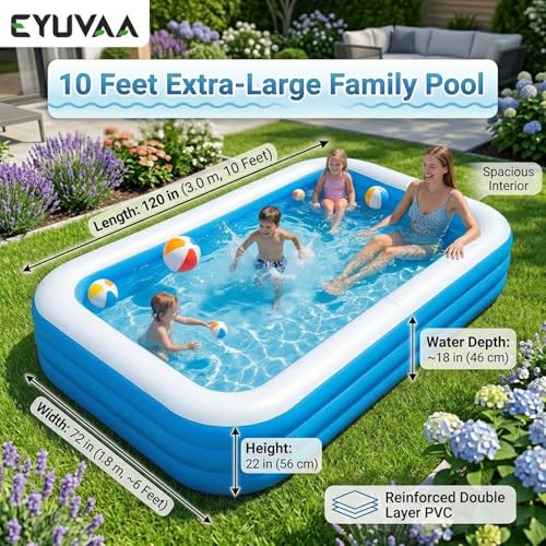 Image of EYUVAA LABEL Rectangular Inflatable Swimming Pool Bathtub, Soft Durable PVC Material, 3 Air Chambers, Electric Pump Compatible, Backyard Water Play, Outdoor Garden Summer Fun (10 Feet)