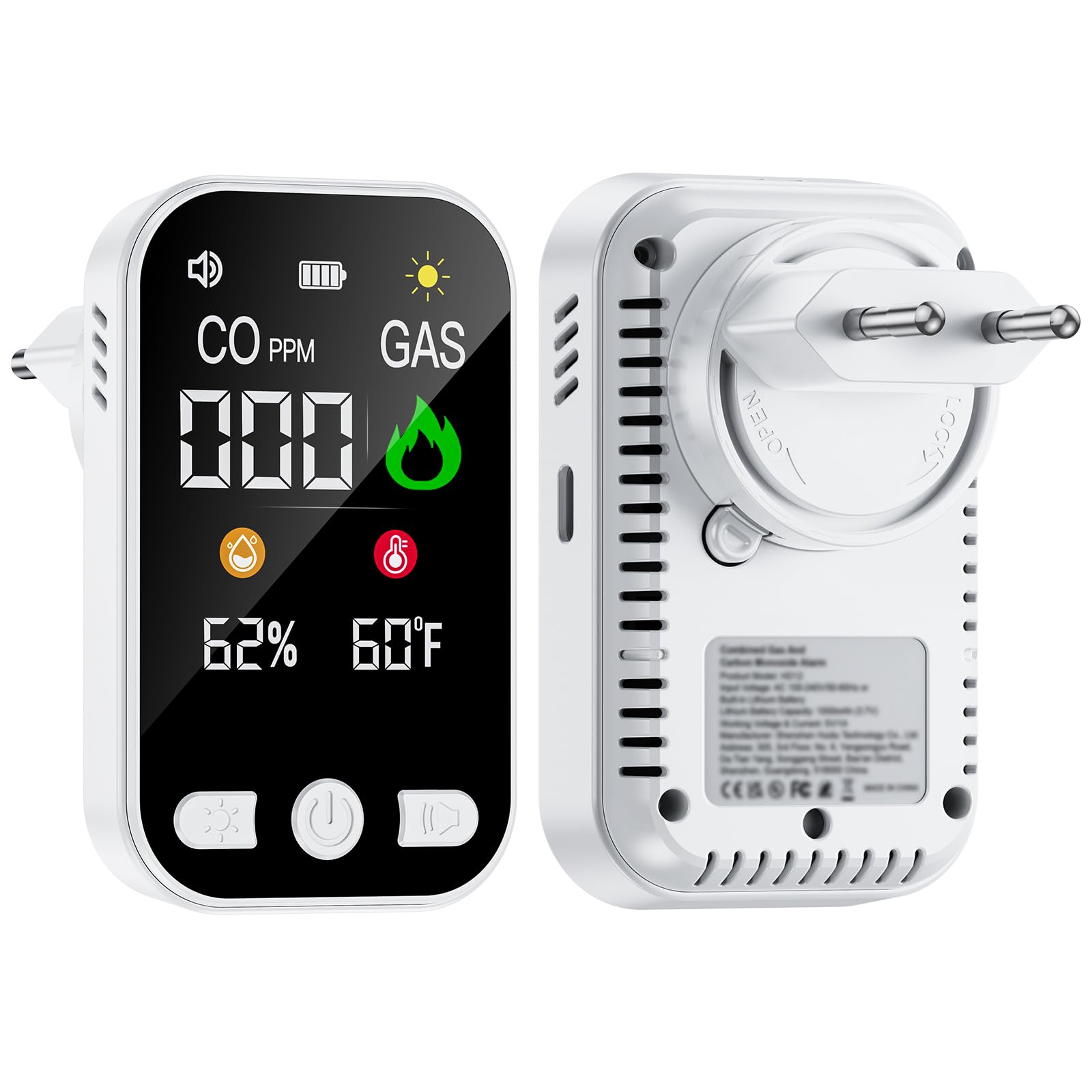 4 in 1 Plug in Détecteur Monoxyde de Carbone,Alarme de CO Portatif,Detecteur de Gaz avec Batterie 1000mah Rechargeable Intégrée & HD L'écran[CO Temp Humidité]- Norme en 50291-Blanc