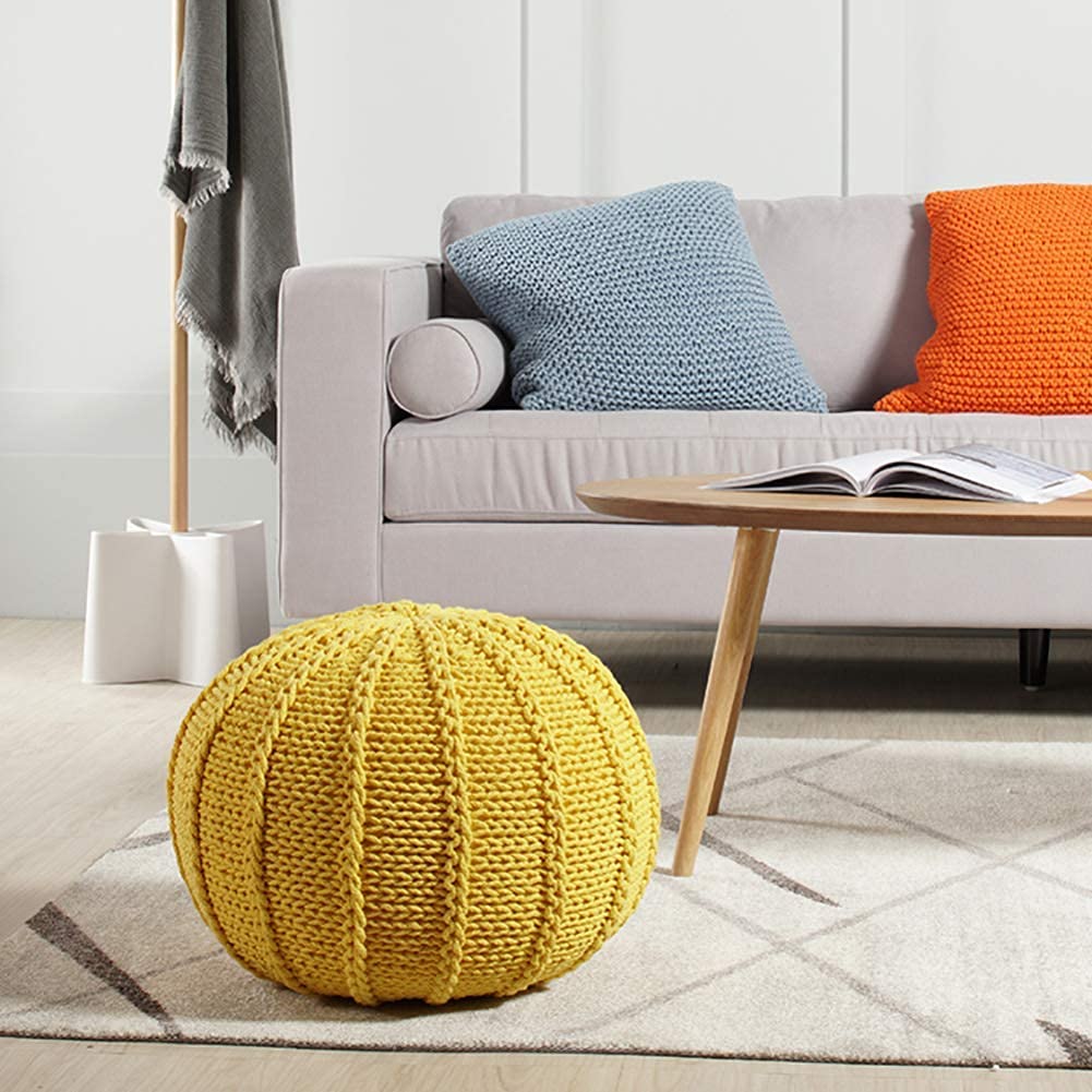 Pouf Rond Tricoté À La Main,Potoirs De Plancher De Corde Tressée De Coton De Style Câble Repose-Pieds De Siège Confortable-b 48x48x35cm(19x19x14inch)