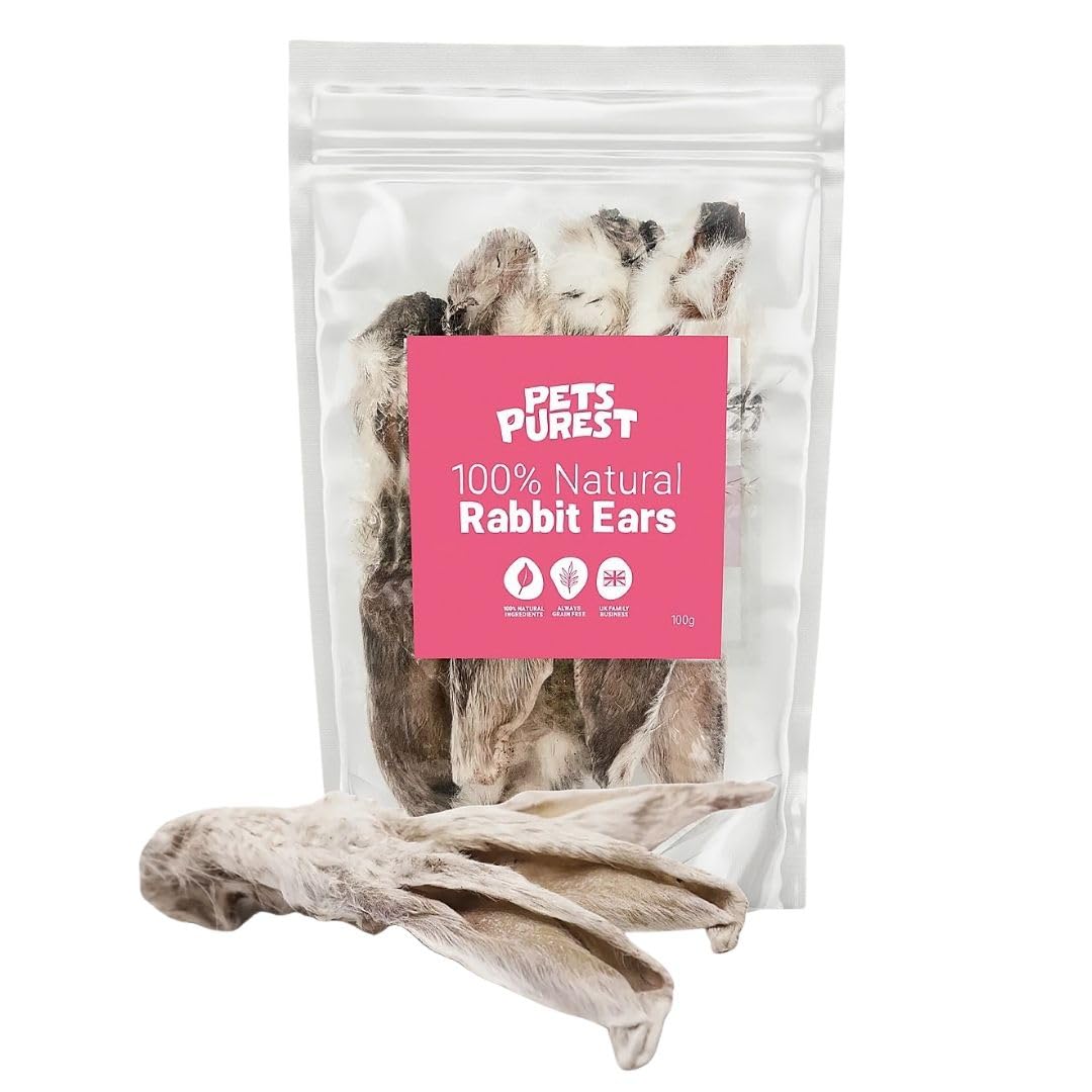 Pets Purest Oreilles de Lapin avec Fourrure pour Chiens, Chiots & Seniors - Friandise à Mâcher 100% Naturelles, Séchées à l'Air, pour Les Aliments Crus et Les Régimes Hypoallergéniques sans Céréales.
