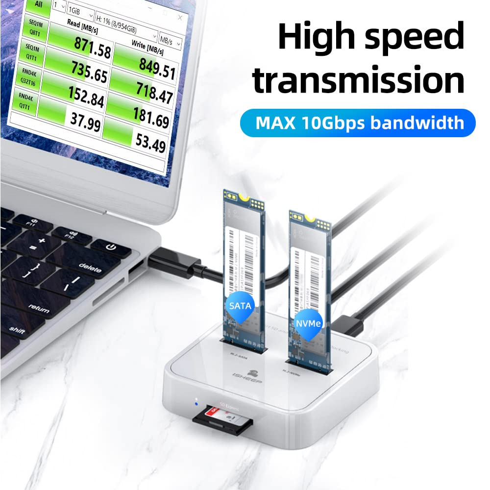 ISHEEP H016SD 2 bay M.2 SATA/NVME Docking station per SSD da Funzione Duplicatore lettore, USB 3.1 Gen2 10Gbps,Tool-free (SSD non inclusa)