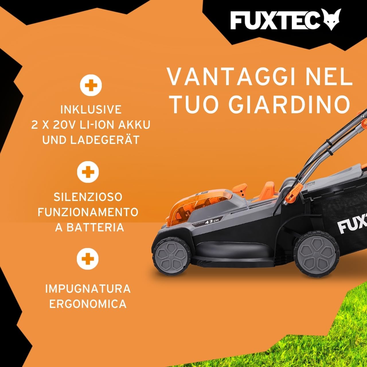 FUXTEC Tagliaerba a batteria FX-E2RM43PRO • 43 cm larghezza taglio • 40V batteria litio • trazione con velocità variabile • funzione mulching • regolazione altezza 25–75 mm