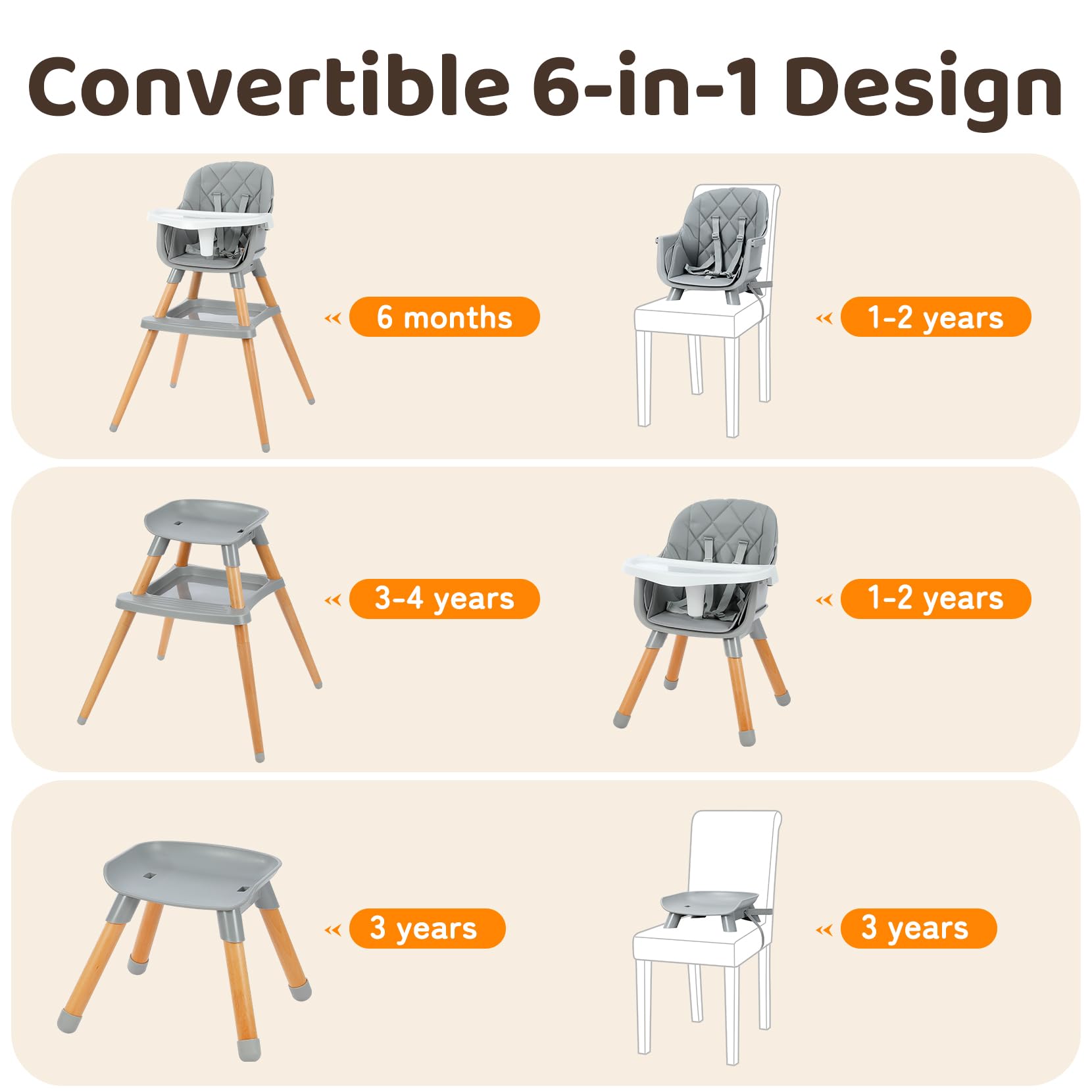 Ezebaby Chaise haute + rehausseur + chaise enfant + tabouret de bar, 6 en 1, multifonctionnelle, pieds en bois, à partir de 6 mois (Gris avec étagère)