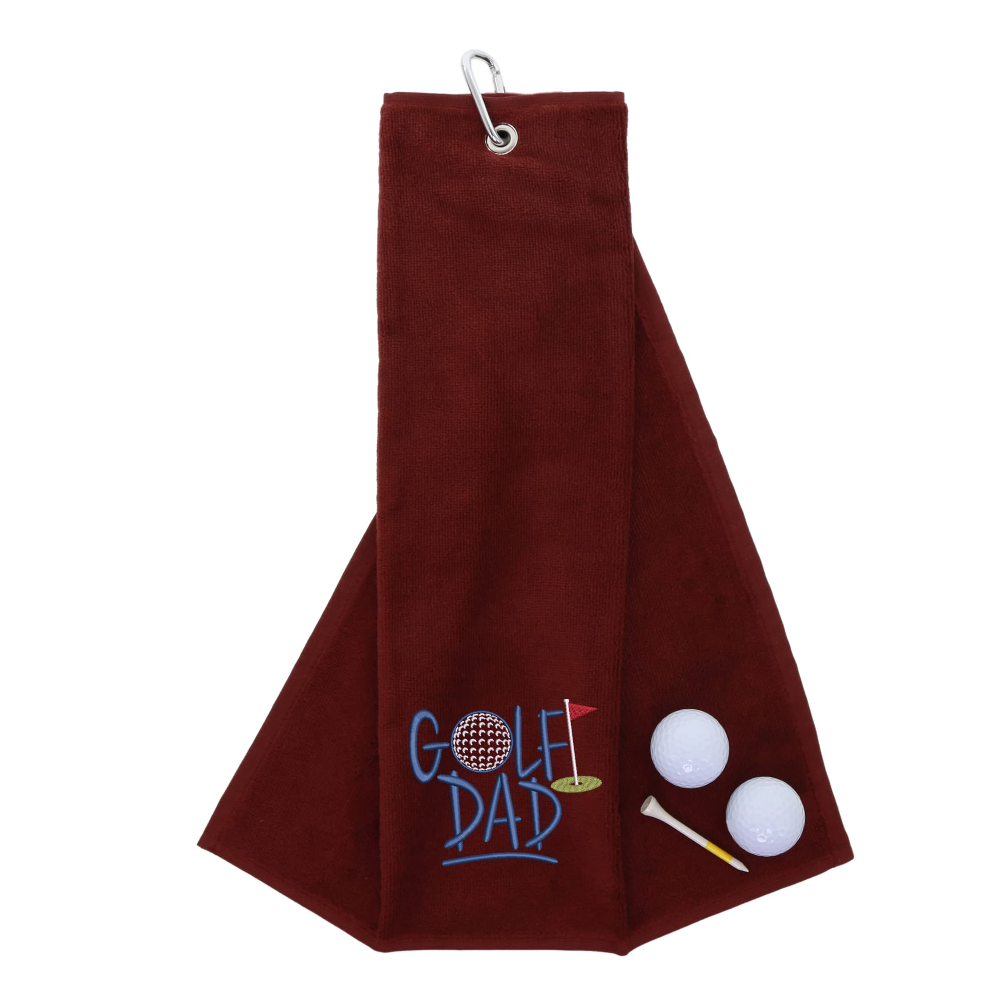 aztex Tri-Fold Golf Towel with Novelty 'Golf Dad' Embroidery, Metal Carabiner Clip, Cotton Velour, 590gsm, Wine