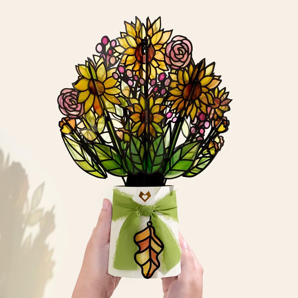 Lovepop Everyday Pop-Up Suncatcher Bouquet for Her and Him - 3D Fall Greeting Cards for Boys, Girls, Men, Women - Golden Hour Sunflower - 12" Bouquet - Blank Notecard & Envelope Included
