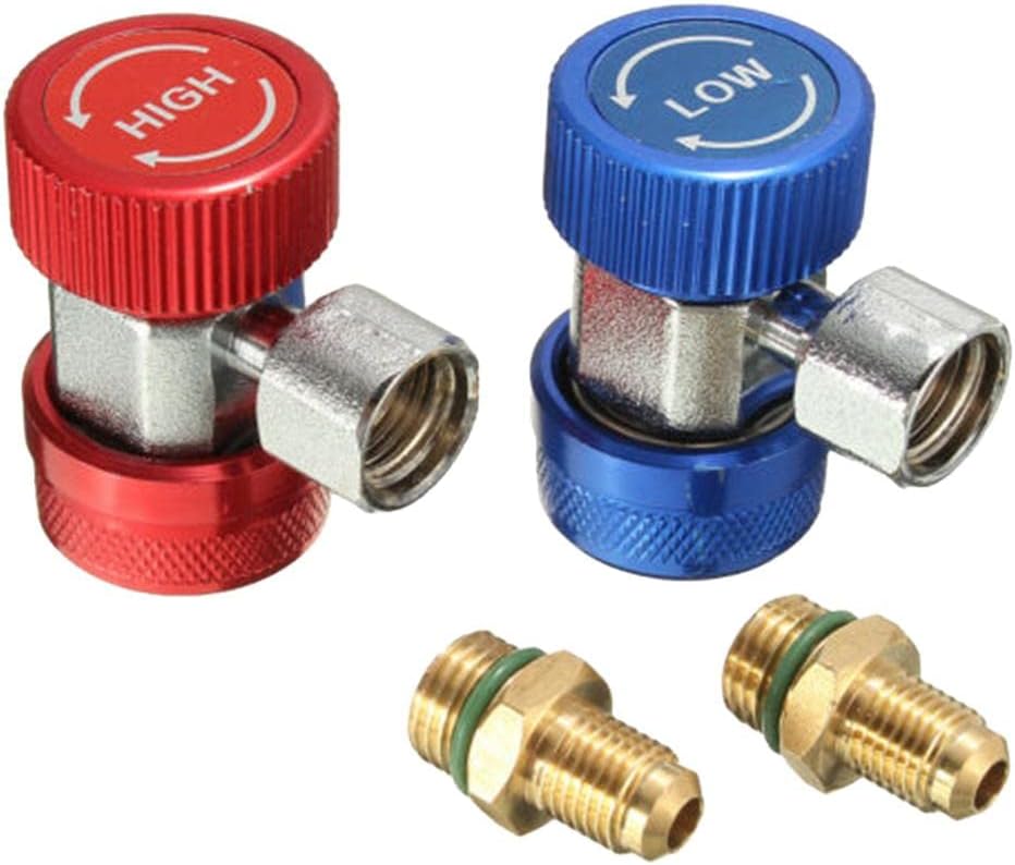2X R134A Quick-Connector Adapters, A/C Manifold Gauge Set with Extractor Valve Core, 90¡ã Degrees Connectors, Fast Coupling, Red/Blue Quick Couplers, for Car A/C System Charging,