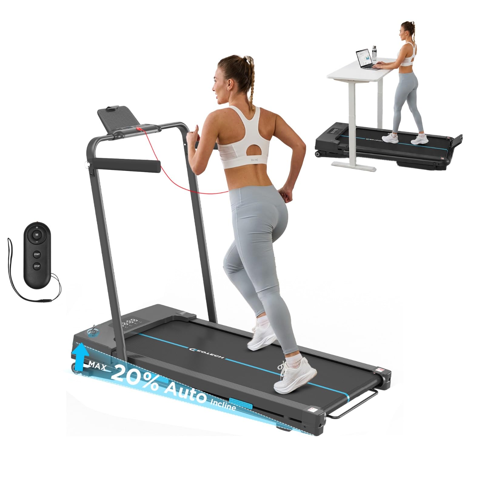 GEOTECH Heavy-Duty Foldable Walking Pad Treadmill with 20% Auto Incline, 400lbs Capacity, 4HP Quiet Brushless Motor, Ultra Slim Compact Folding Under Desk Treadmill for Home & Office Use