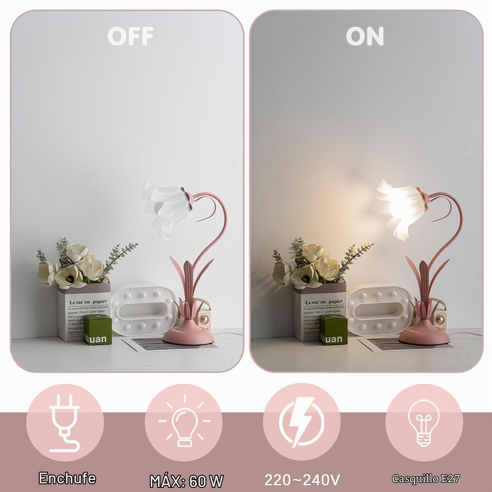 Rosa Lamparas De Mesita De Noche,IluminacióN De Tres Tonos Lampara Escritorio Pantalla AcríLica Con Lirio Del Valle,Lampara De Mesa Perfecto Para Chica Dormitorio,Cabecera,Estudio,Regalo