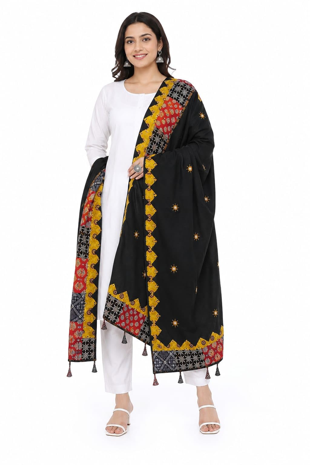 Black Pure Malmal Cotton Dupatta with Patchwork Border and Mirror Work-image-0