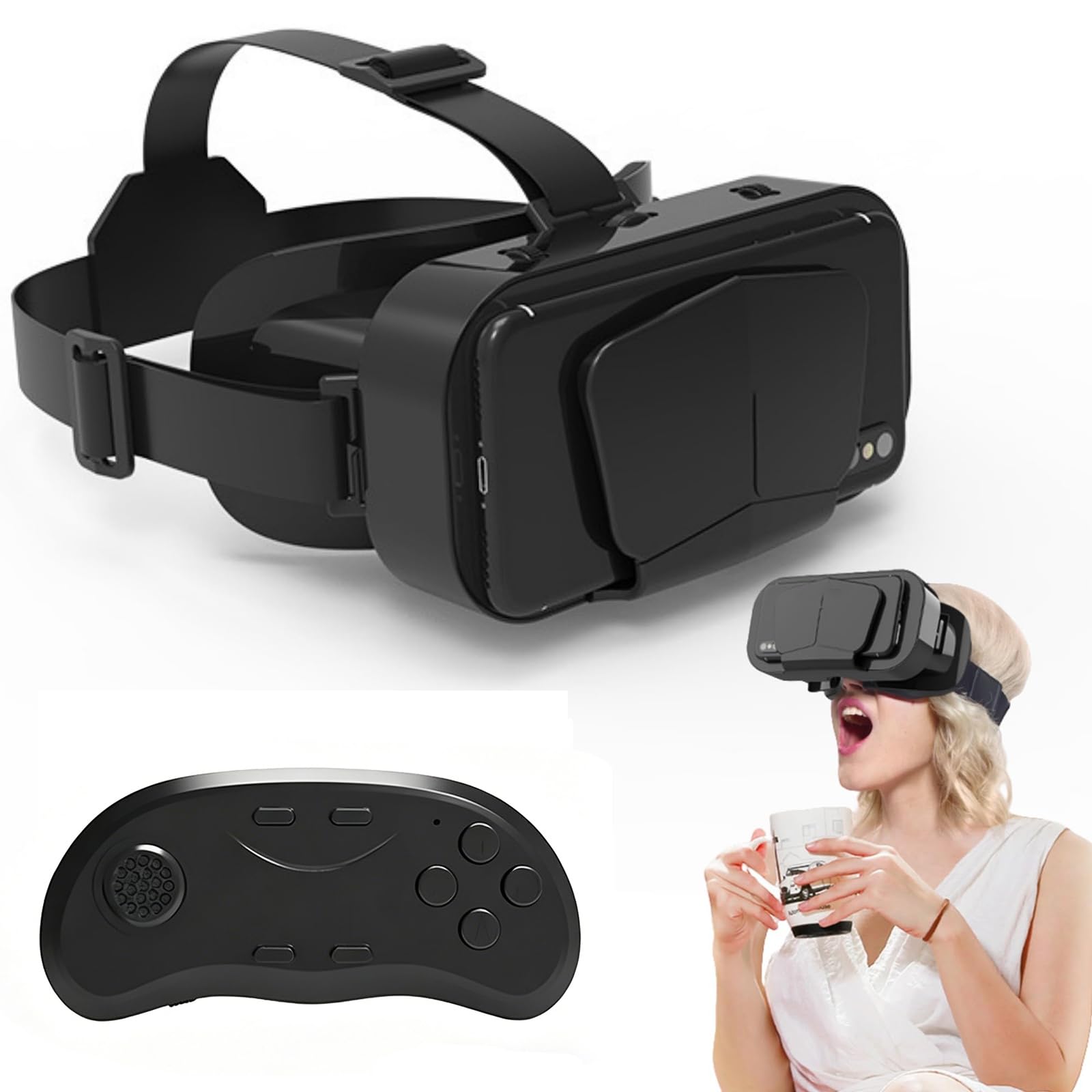 Auriculares Realidad Virtual 3D, Gafas VR Suaves Y CóModas para Videojuegos En TeléFonos MóViles, Visor Universal Compatible con TeléFonos MóViles, con 360° Y Pantallas,Black+B01 Handle