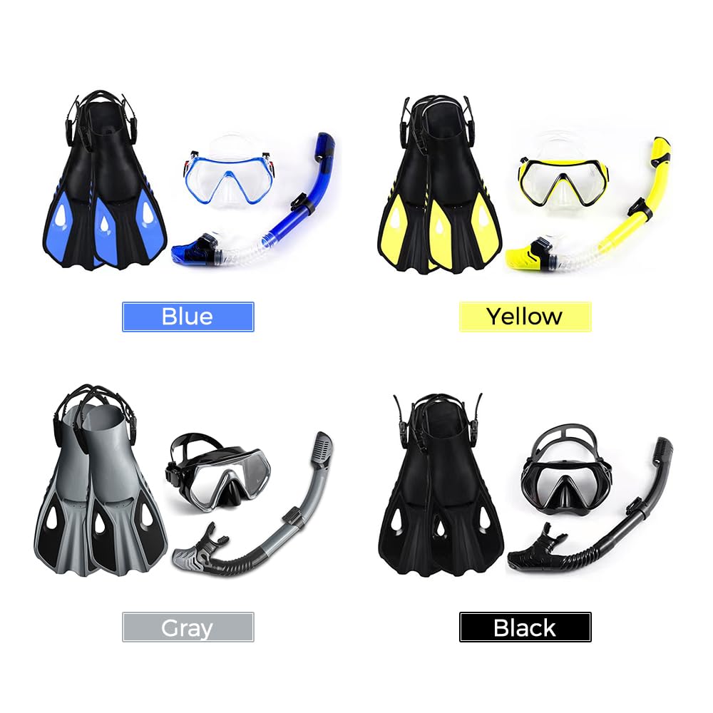 Matybobe Gafas de buceo de tres ventanas de alta transparencia con esnórquel de secado completo y aletas ajustables para hombres y mujeres, equipo de buceo