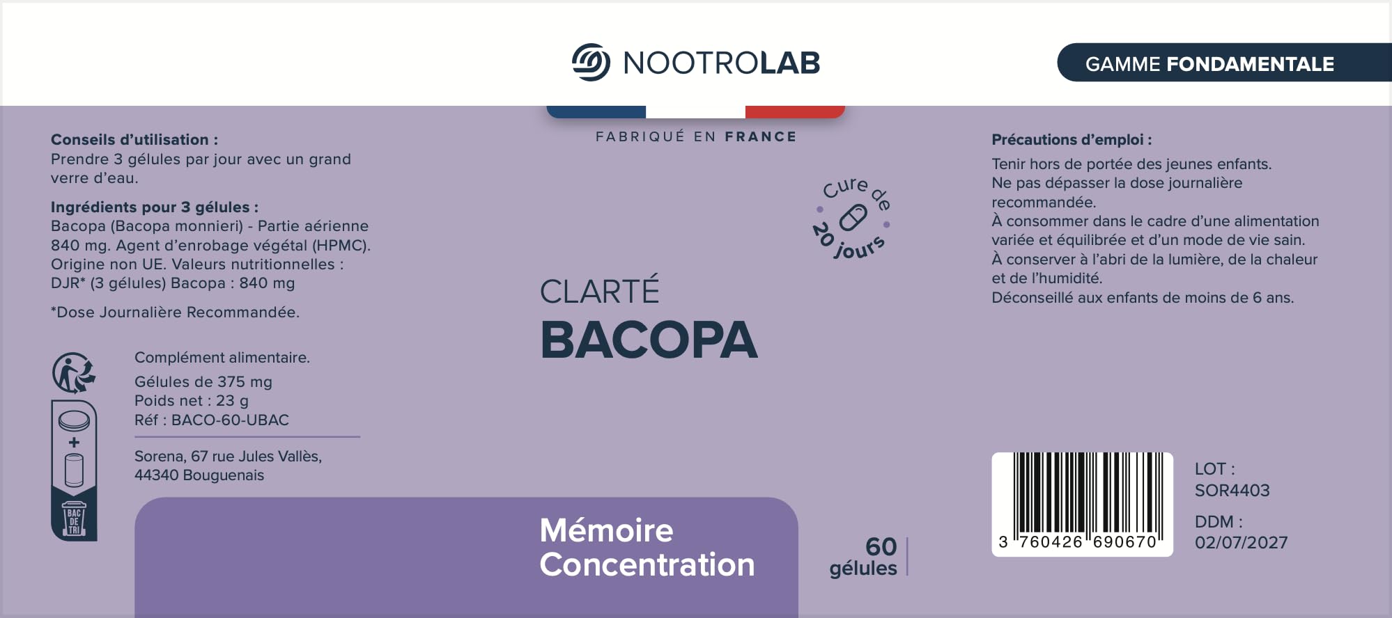 Bacopa Monnieri – Cure de 20 jours -1125 mg - Mémoire, Concentration & Clarté Mentale – Soutien Cognitif Naturel – 60 Gélules Végétales – Nootrolab - Cure de 20 jours