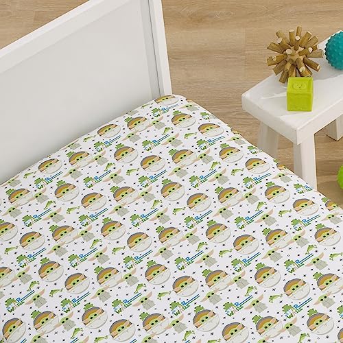 Image of NoJo Star Wars The Mandalorian Grogu White, Green, and Blue Nursery Fitted Crib Sheet