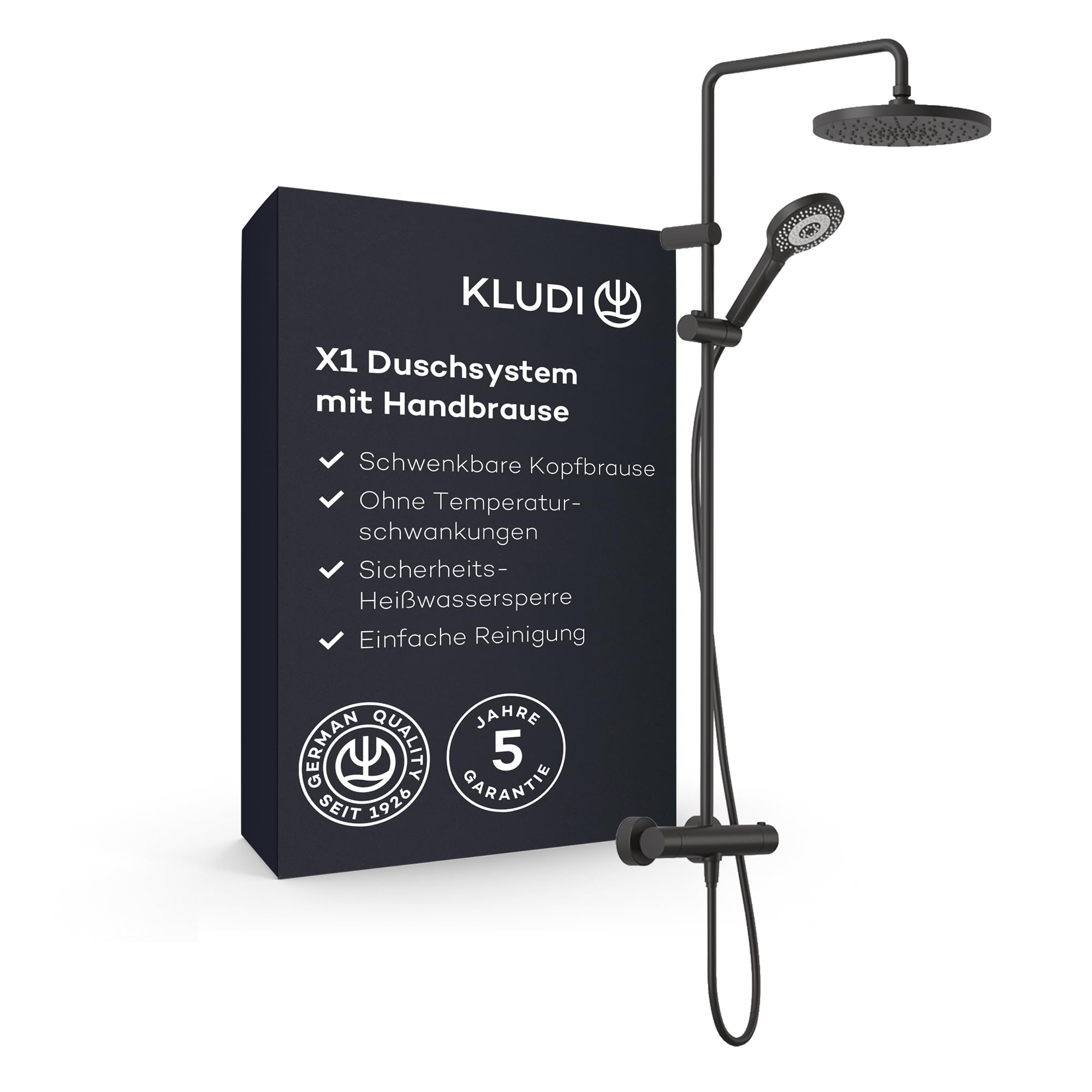 KLUDI-X1 Duschsystem mit Kopf- und Handbrause, Thermostat Dual Shower System, Mattschwarz, Wandmontage, Thermostatarmatur, Ø 250 mm Kopfbrause, 3 Strahlarten, 6906739-81